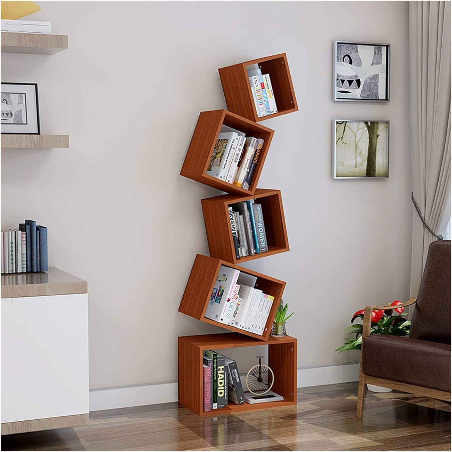 Bookshelf 5-Tier Geometric Bookshelf Creativity Stacked Square Book Shelf Bookcase Home Office Storage Shelves Display Shelf Modern Organizer Storage Shelf (Color : Brown) (Brown)