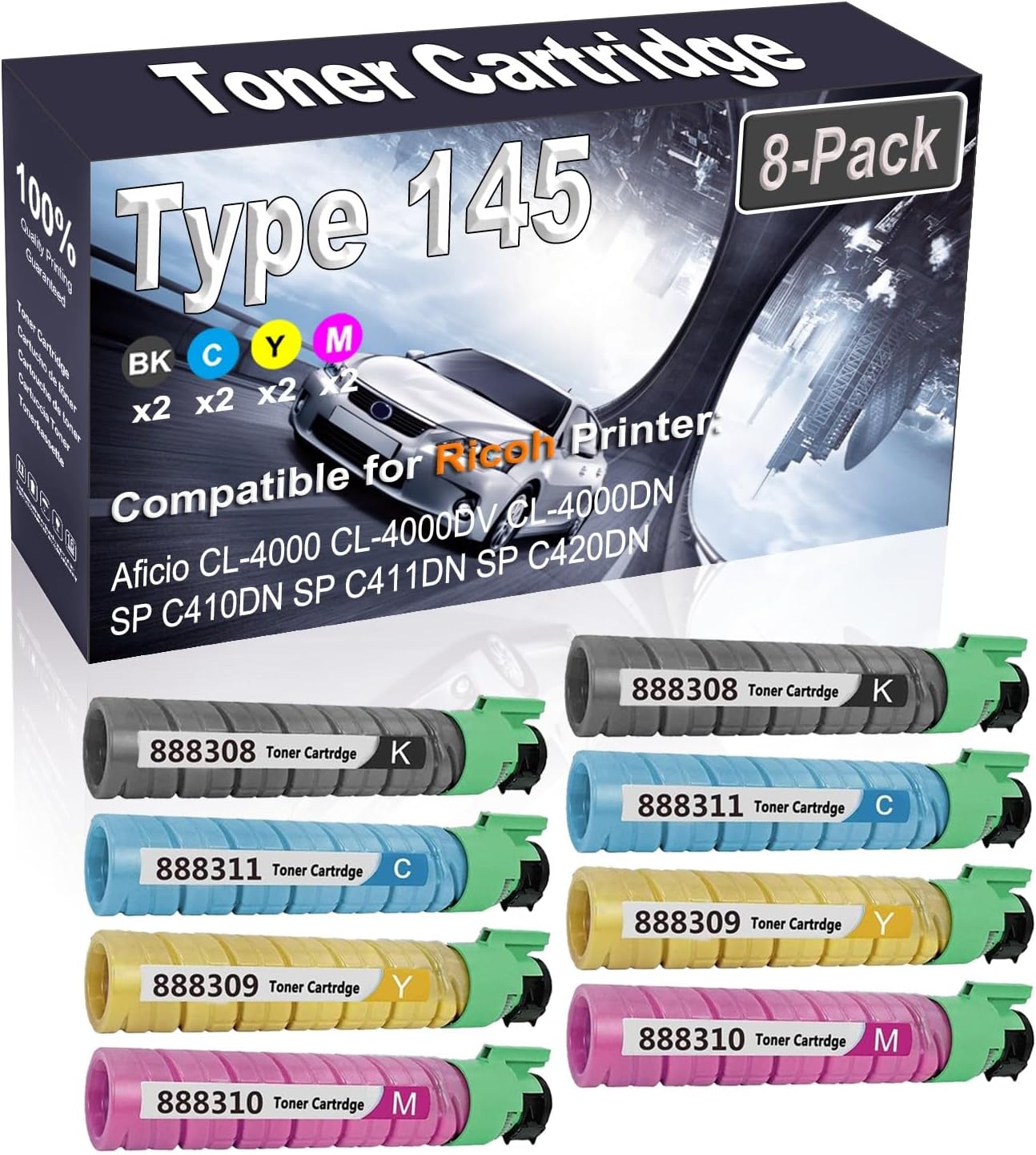 Kolasels 8-Pack (2BK+2C+2Y+2M) Compatible Aficio CL-4000 CL-4000DV Laser Toner Cartridge (High Capacity) Replacement for Ricoh Type 145 | 888308 888311 888309 888310 Printer Toner Cartridge