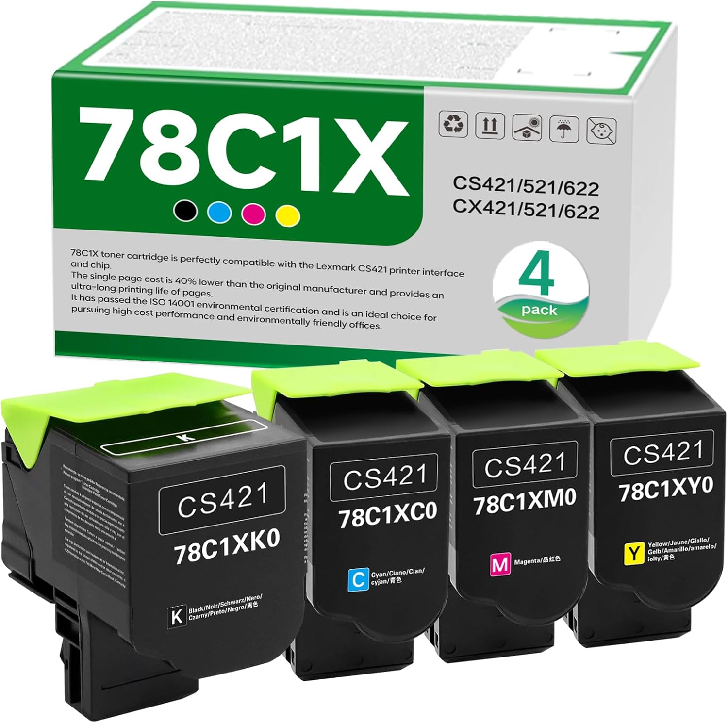 SANCTink 78C1X High Yield Toner Cartridge Replacement for Lexmark CS421 CS521 CS622 CX522 CX421 CX622 CX625 CS622de CS521dn CS421dn CX522ade 78C1XK0 78C1XC0 78C1XM0 78C1XY0 Printer （4 Pack）