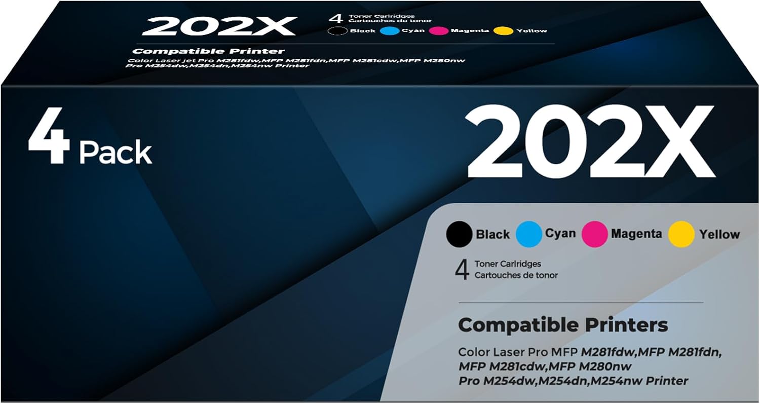 4-Pack 202X Toner Cartridges High Yield Compatible for HP 202X CF500X 202A CF500A Color Toner Cartridge for Color Laser Jet Pro MFP M254dw M281fdn M281fdw M281cdw M280nw M254dn M254nw Printer, BKCMY
