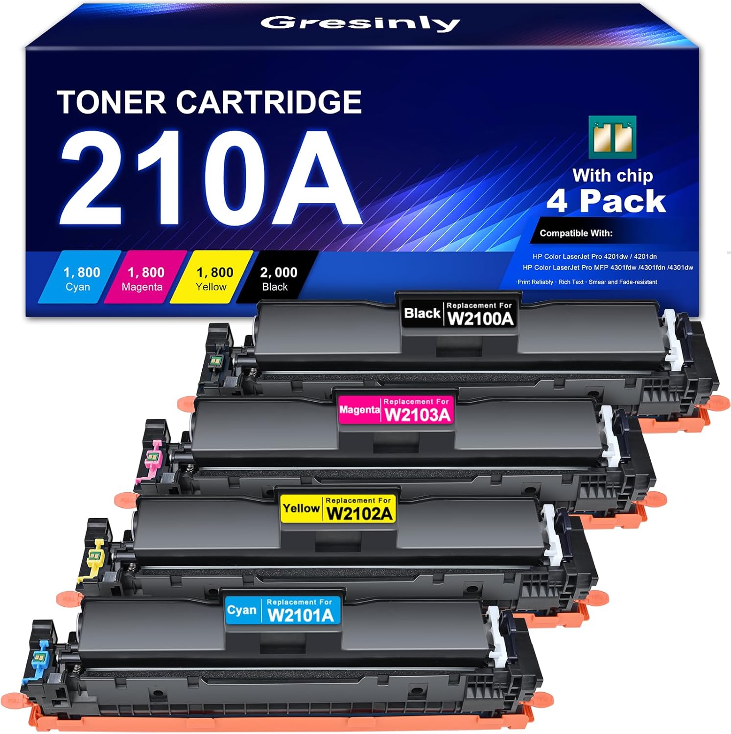 210A Toner Cartridges 4 Pack High Yield 210X Compatible for HP 210A 210 A Toner Cartridge Set with Chip Color Laserjet Pro MFP 4301fdw 4301fdn 4201dw 4201dn Printer W2100A Ink HP 210A Toner Cartridges