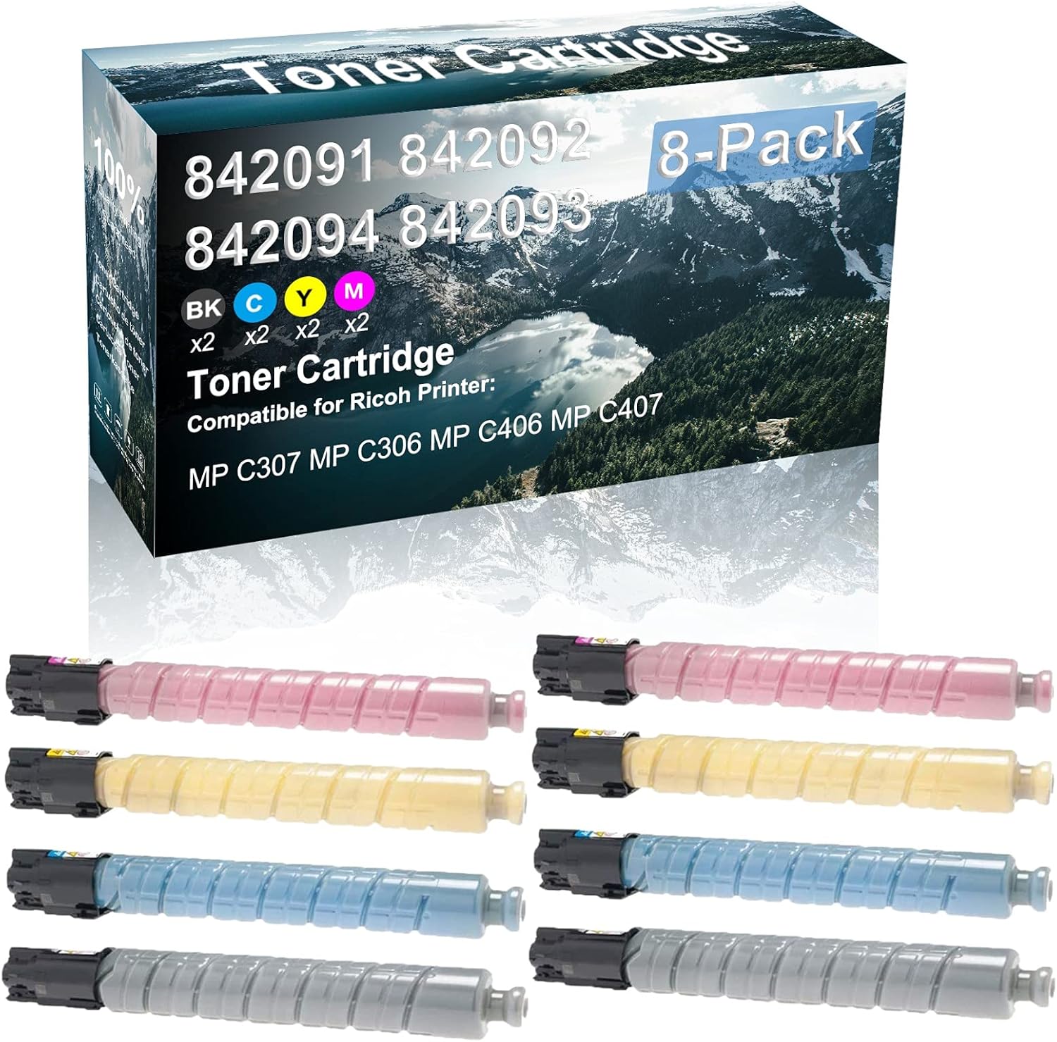 8 Pack (BK+C+Y+M) Compatible Toner Cartridge Replacement for Ricoh 842091 842092 842094 842093 Printer Cartridge use for Ricoh MP C307 MP C306 MP C406 MP C407 Printer (High Capacity)