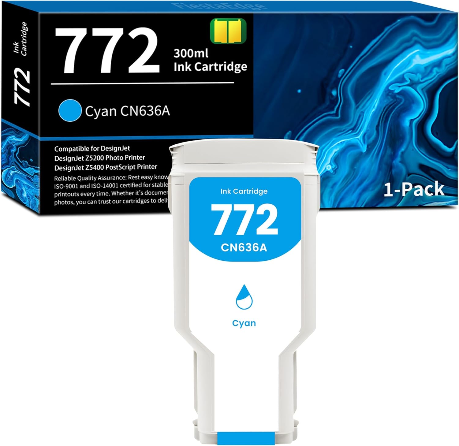 FiestaEdge 772 Cyan Ink Cartridge 300ml 1-Pack CN636A Replacement for HP 772 CN636A Ink for DesignJet Z5200 Z5400 Printer Ink