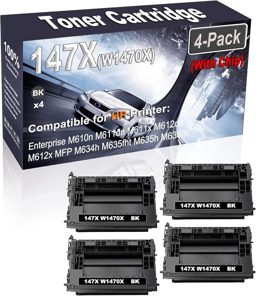 4-Pack (Black) Compatible Enterprise M610n M611dn M611x M612dn M612x Laser Printer Cartridge (High Capacity) Replacement for HP 147X W1470X (with Chip) Printer Cartridge