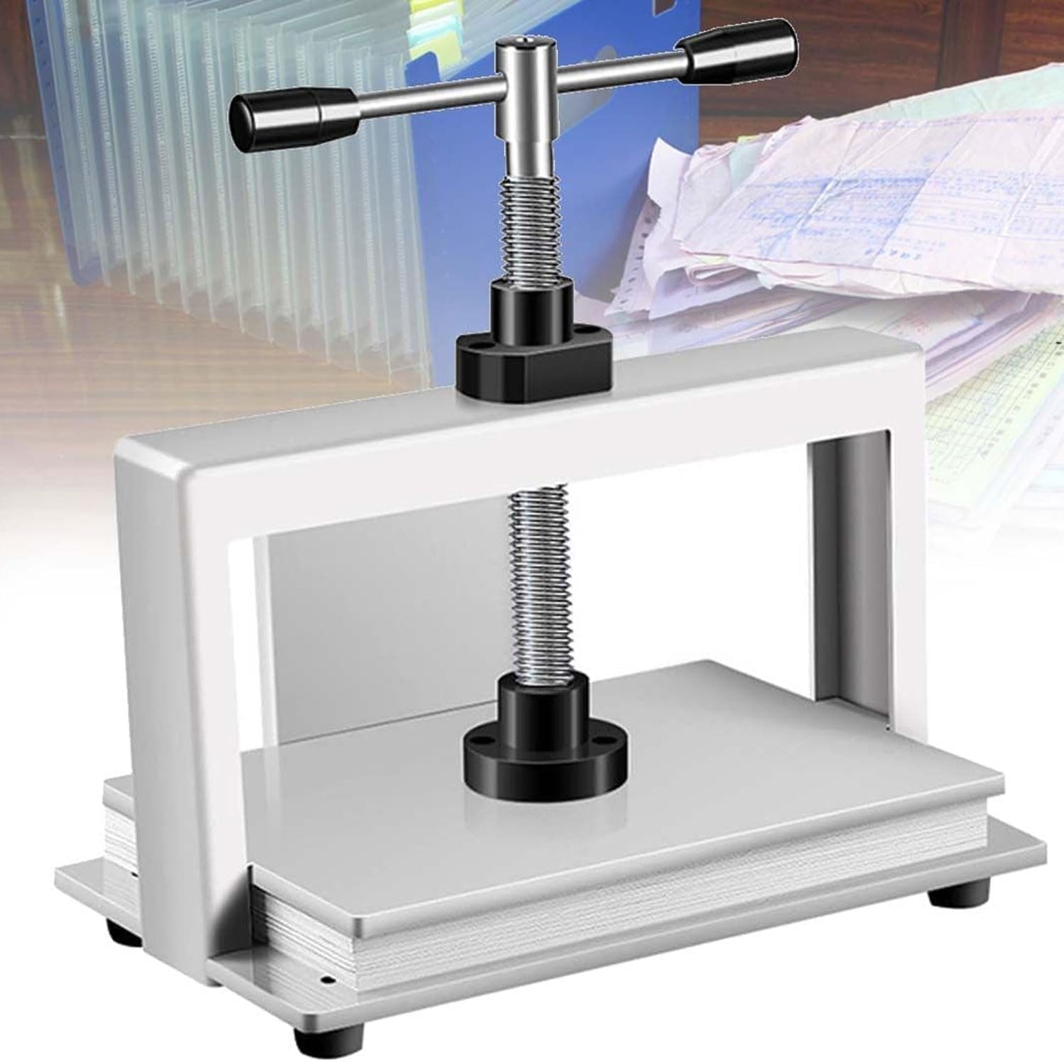 ELUKHT A4 Manual Paper Press, 140mm Paper Flattener, 1500kg Pressure Stainless Steel Binding Machine, Heavy Duty Rotary Paper Flattener for Newspapers