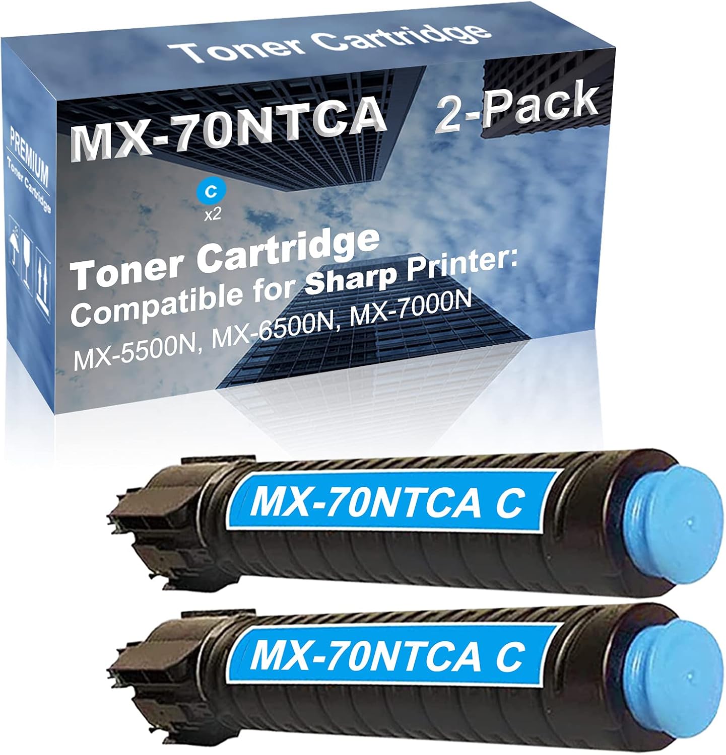 2-Pack (Cyan) Compatible High Capacity MX-70NTCA Toner Cartridge Used for Sharp MX-5500N, MX-6500N, MX-7000N Printer