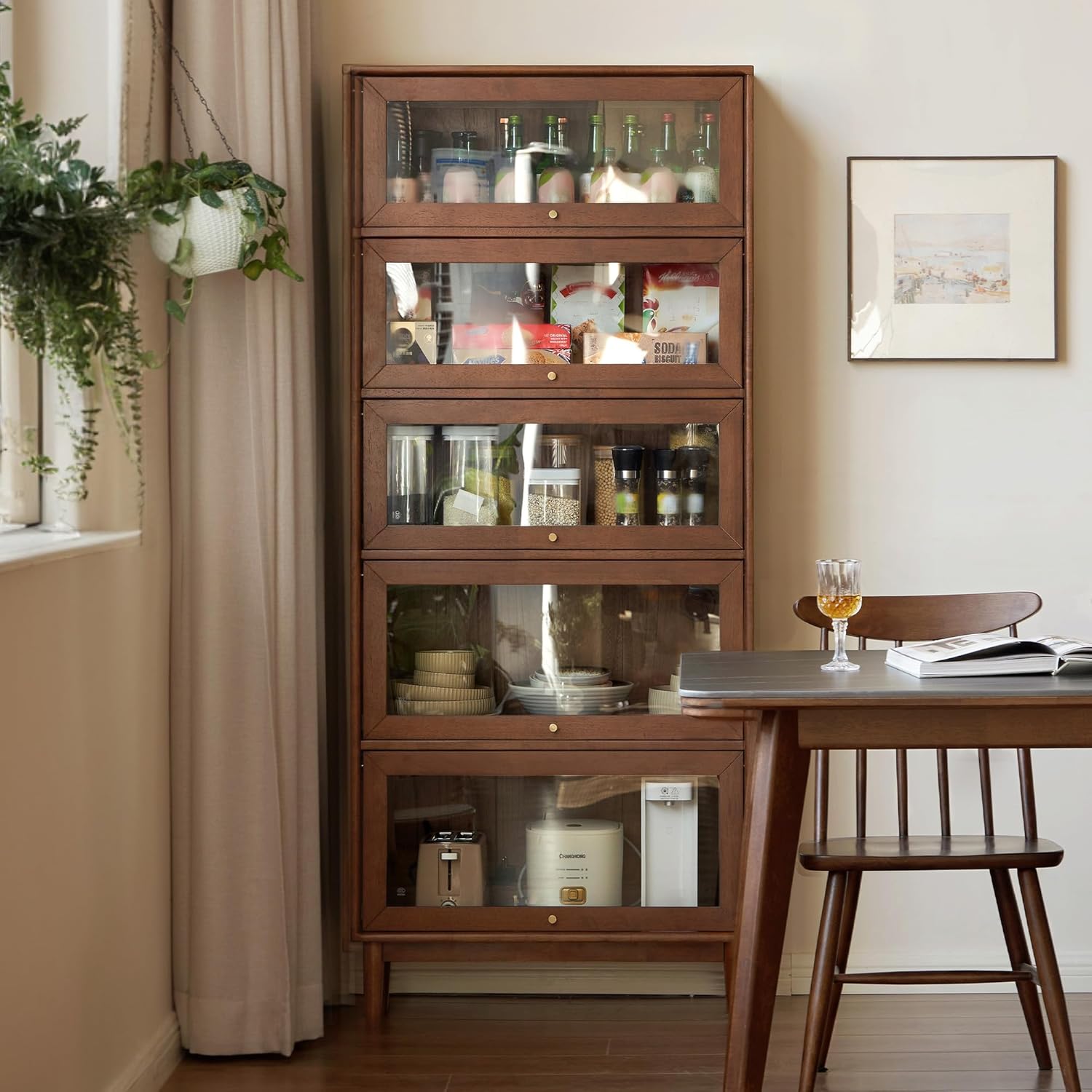 YESWOOD Solid Wood Bookshelf with Glass Flip-Up Doors, Vintage Display Cabinet, Solid Rubber Wood Combination Bookcase for Home Office, Study Room 5 Tier