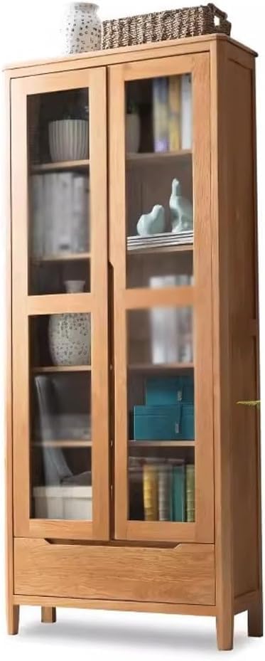 All Solid Wood Nordic Oak Bookcase with Glass Doors, Display Storage Cabinet, Modern Bookshelf for Living Room, Office & Bedroom, 80cm