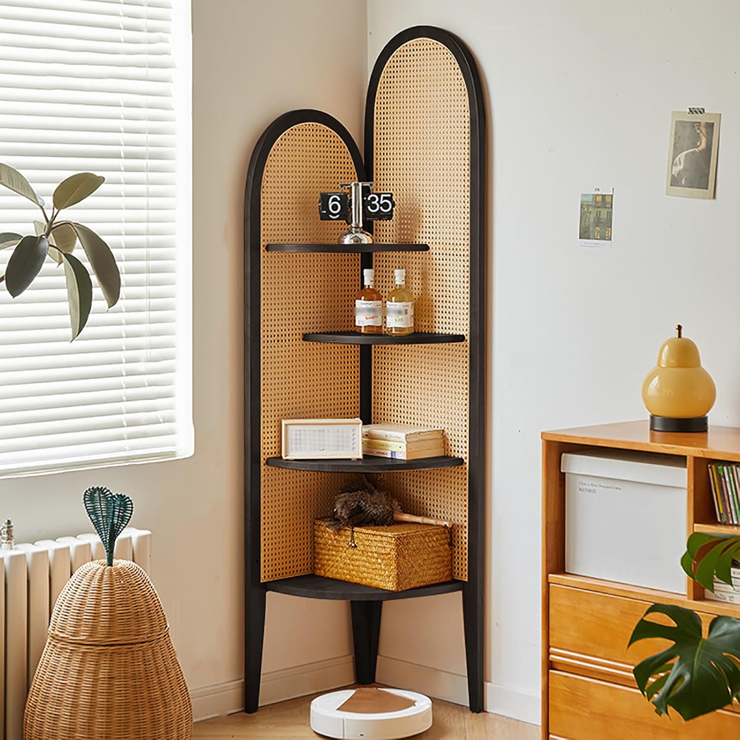 4-Tier Corner Bookshelf, Rattan & Solid Wood Bookcase with Sturdy Thickened Wooden Layers, Freestanding Storage Shelf for Living Room, Home Office, Small Space(43x43x158cm(17x17x62in), Black)