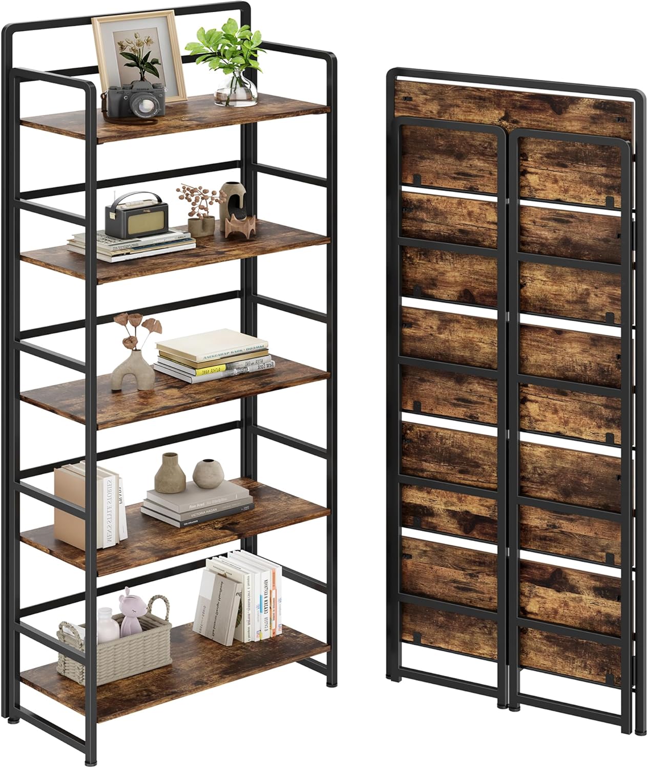 THKKY No Assembly Folding Bookshelf, 5 Tiers Collapsible Book Shelf for Home Office, Vintage Wood Foldable Bookcase Storage Organizer for Living Room Bedroom (Rustic Brown)