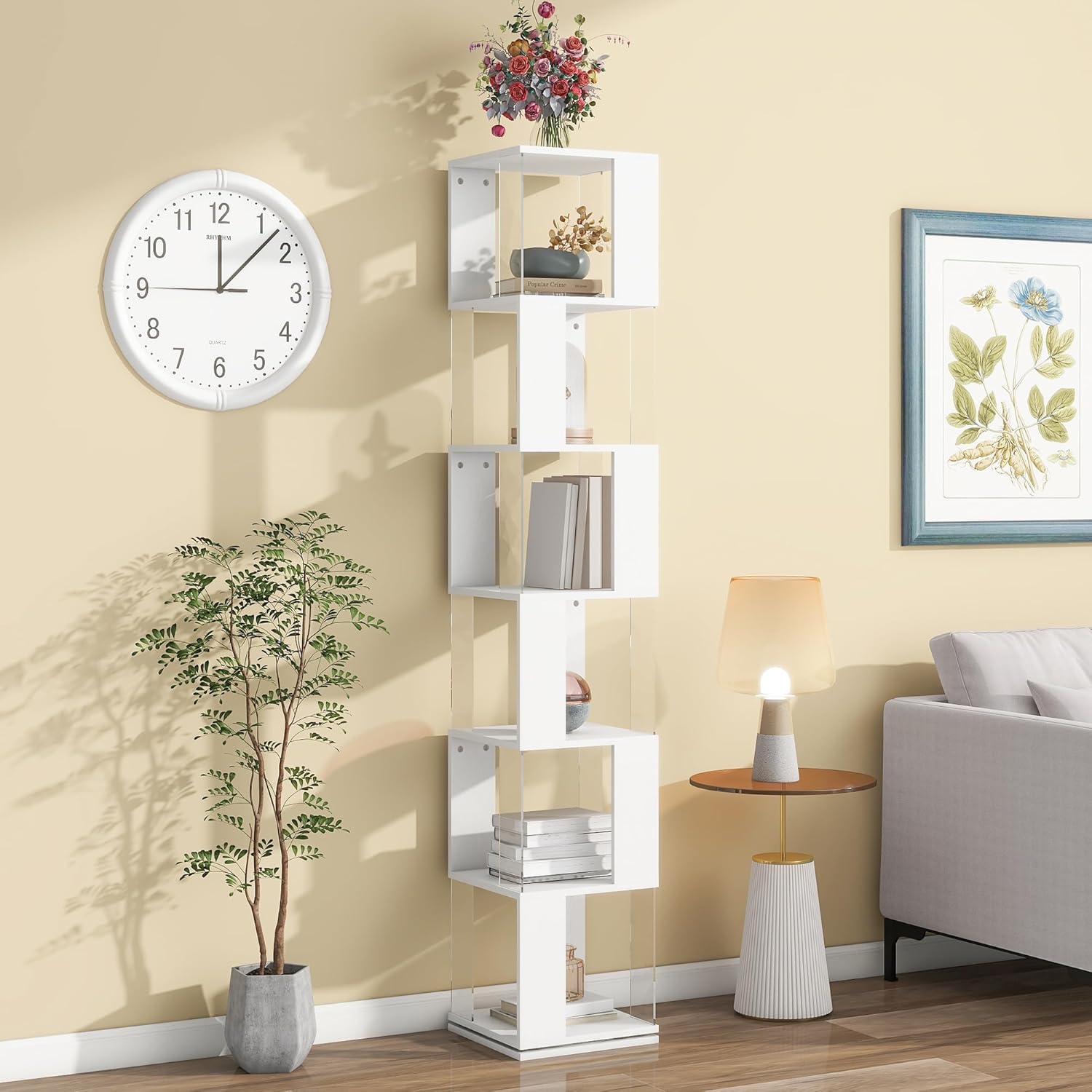 AJLDN Rotating Bookshelf Spinning Bookcase Tower Large Capacity Corner Bookshelves and Bookcases Multi-Function Creative Floor Rack with Anti-Toppling Base,White-6tier