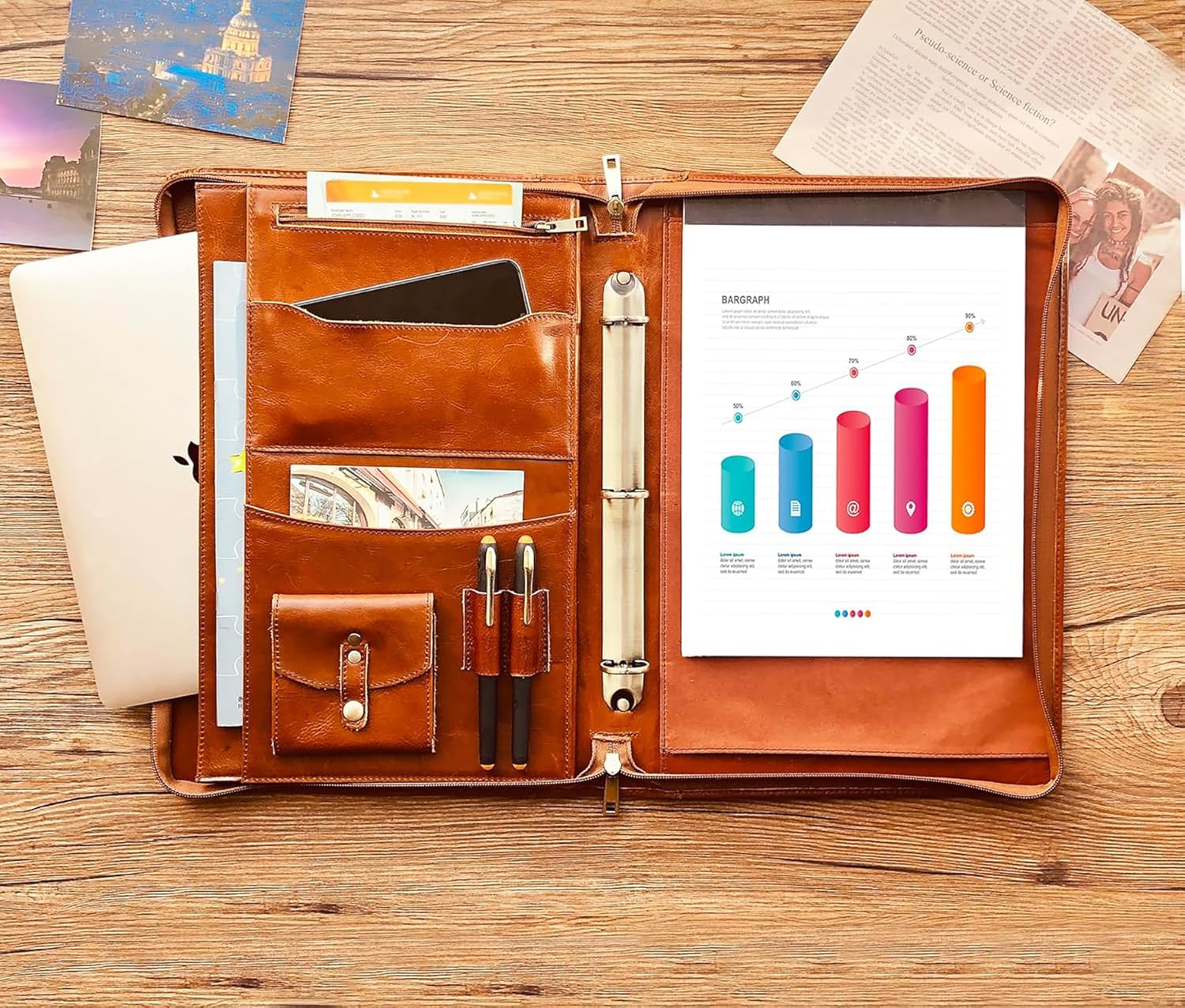 3 Ring Leather Portfolio with Strap, 8.5 * 14 inch Legal Size Portfolio with Handle and Zipper, 15