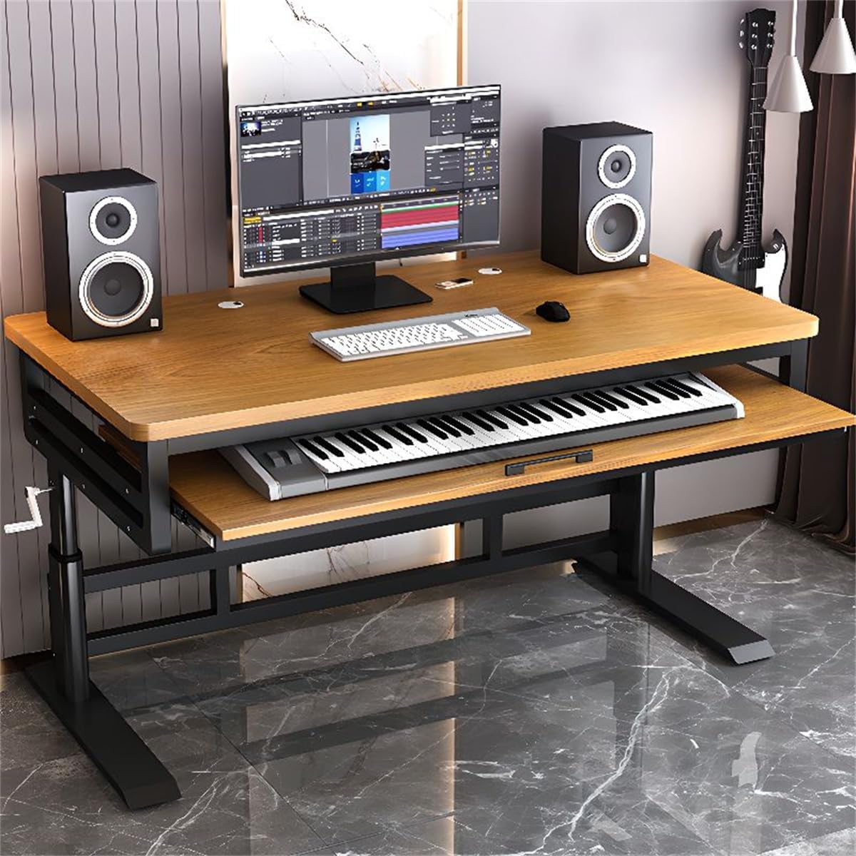 KWOKING Office Computer Desk with Organized Wiring & Keyboard Shelf Workbench Electronic Piano Midi Keyboard Music Production Recording Studio Hand-cranked Lifting Table Oak 55