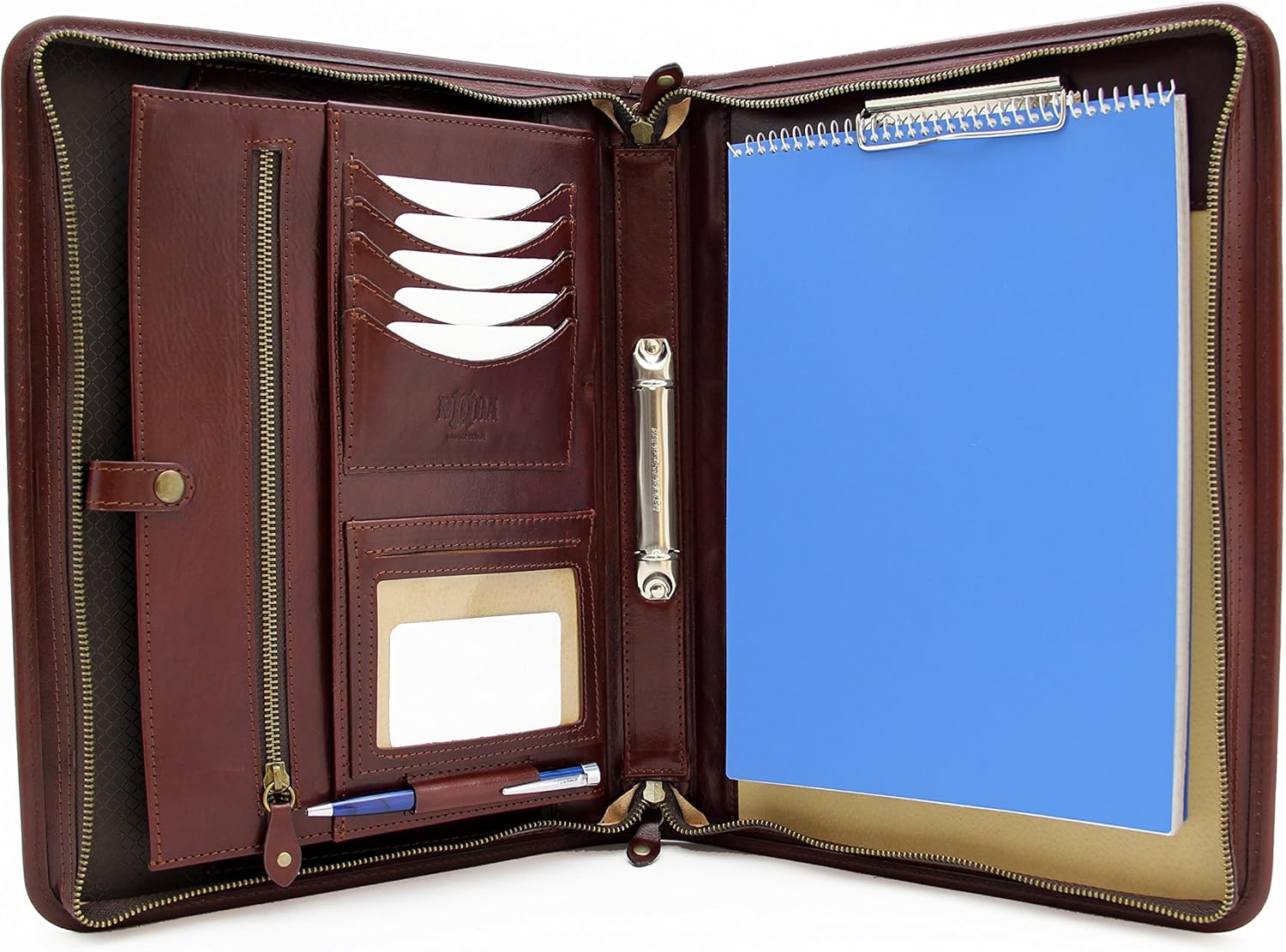 Noda Executive Italian Leather Padfolio 2 Ring Binder Professional Business Portfolio w/Zippered Closure | Resume, Document,Tablet, Clipboard, Writing Pad Organizer | Men, Women with Handle (Brown)