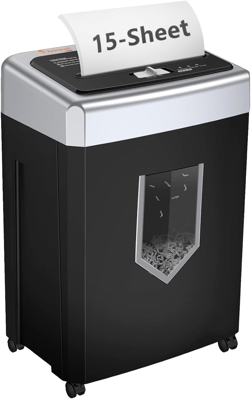Bonsaii 15-Sheet Cross-Cut Paper Shredder, Heavy-Duty Office Use, 35-Min Continuous Runtime, P-4 Security Level, Anti-Jam, Shreds CDs & Cards, 4.8-Gallon Pullout Wastebasket