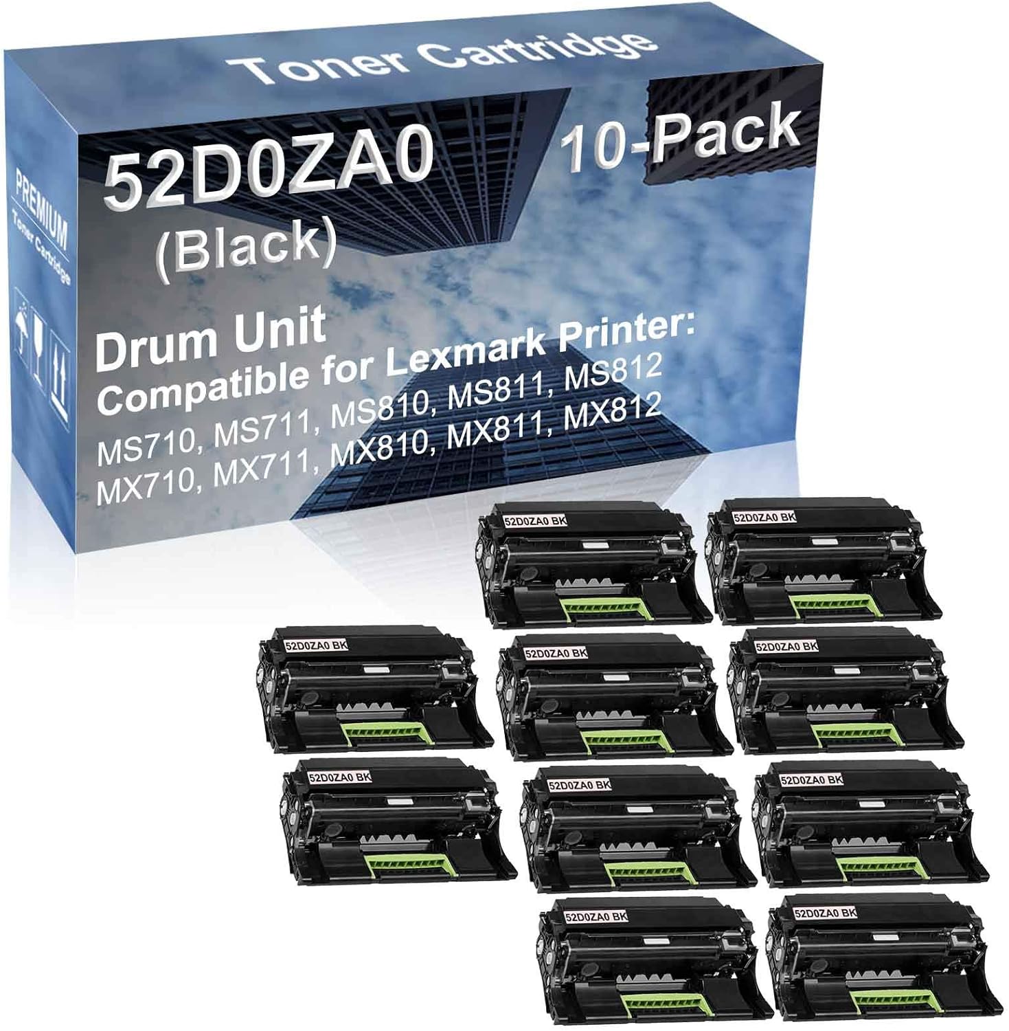 10-Pack Compatible 52D0ZA0 Drum Kit use for Lexmark MS710, MS711, MS810, MS811 Printer (Black)