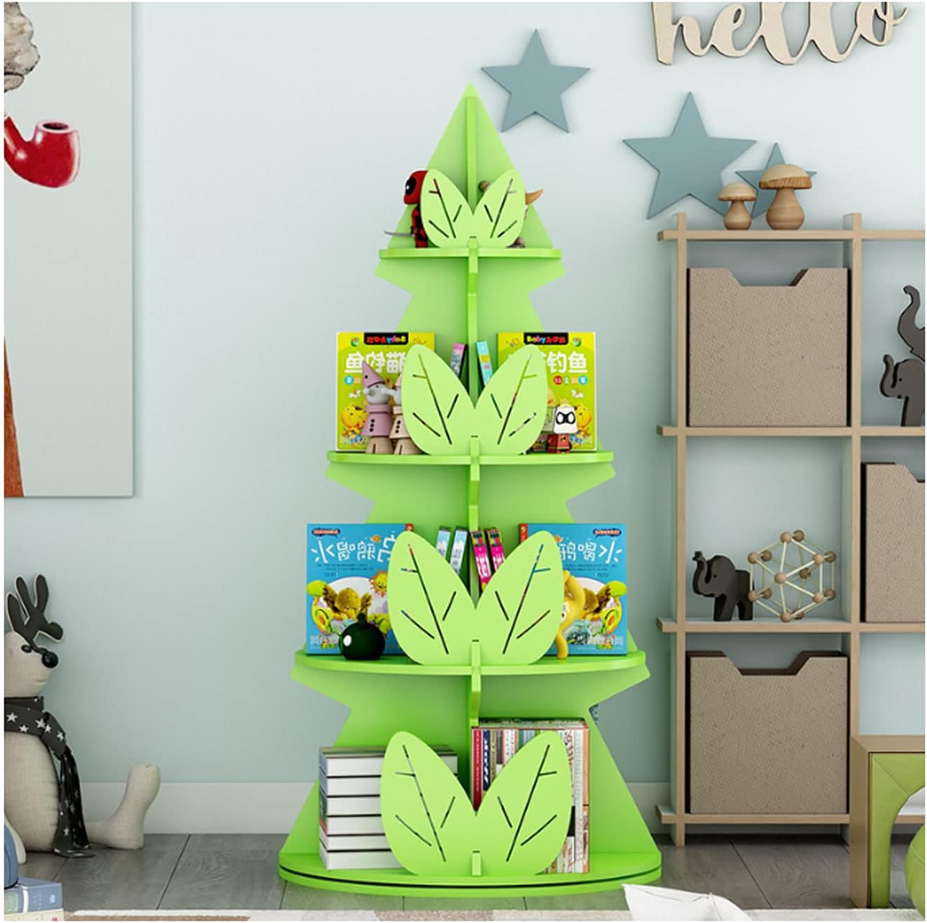 SYALEO Rotating Tree-Shaped Bookshelf 360° Rotation Display 4 Tier Bookcase Storage Display Cabinet Creative Book Rack for Living Room