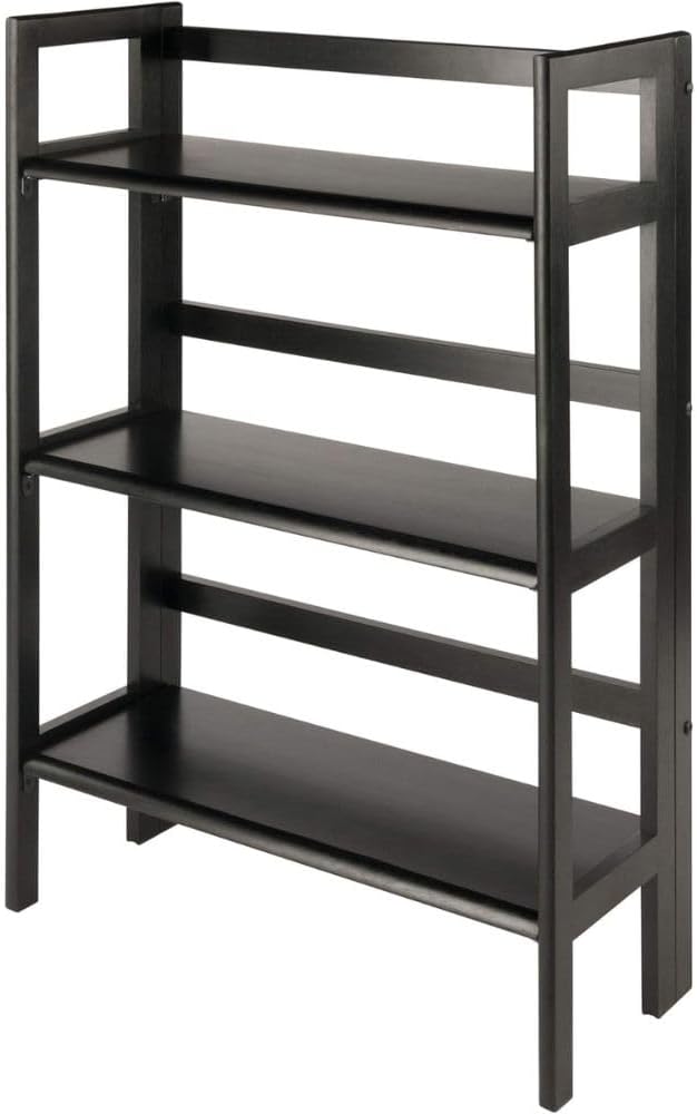 Oakestry Terry Three Shelf Black Folding Storage Stand Wooden Bookcase Narrow Home Organizer Open Tier Vertical Display Compact Furniture Unit Decorative Organizer Stylish Utility Shelf