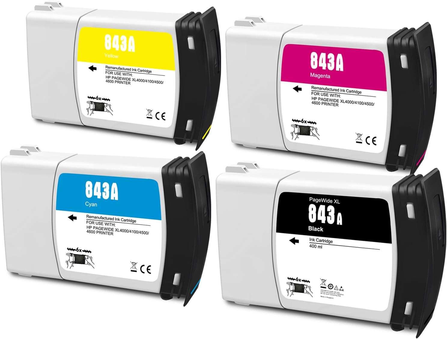 Compatible for HP 843A C1Q57A C1Q58A C1Q59A C1Q60A Ink Cartridge 400ML B6Y15A for HP PageWide XL 4000 4100 4500 4600 5000 5100 Wide Format Printer Ink Black Yellow Magenta Cyan