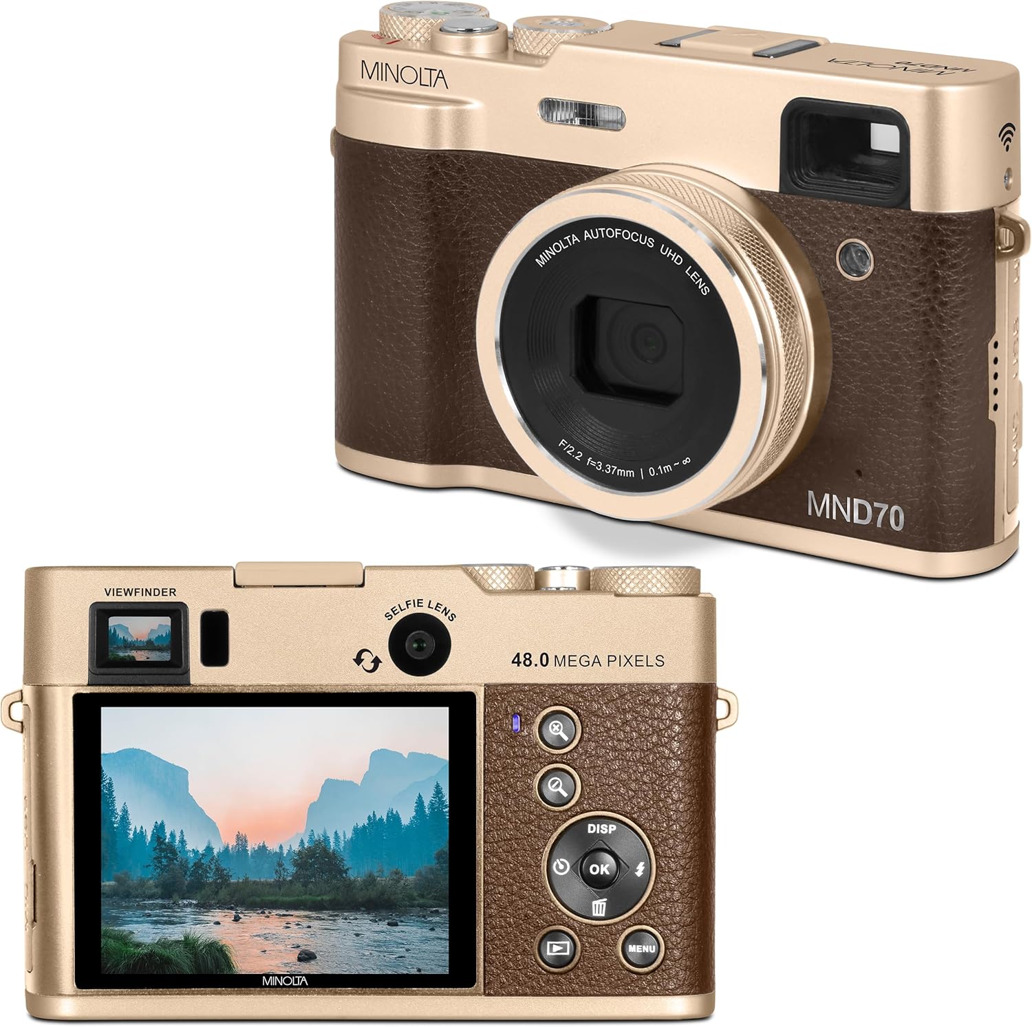 Minolta Retro Digital Camera – 48MP Autofocus Compact with 5K Ultra HD Video, Rear Selfie Lens, 16x Zoom, WiFi, 2.8-inch LCD Screen, Digital Stabilization, Optical Viewfinder, 32GB Card (Gold)