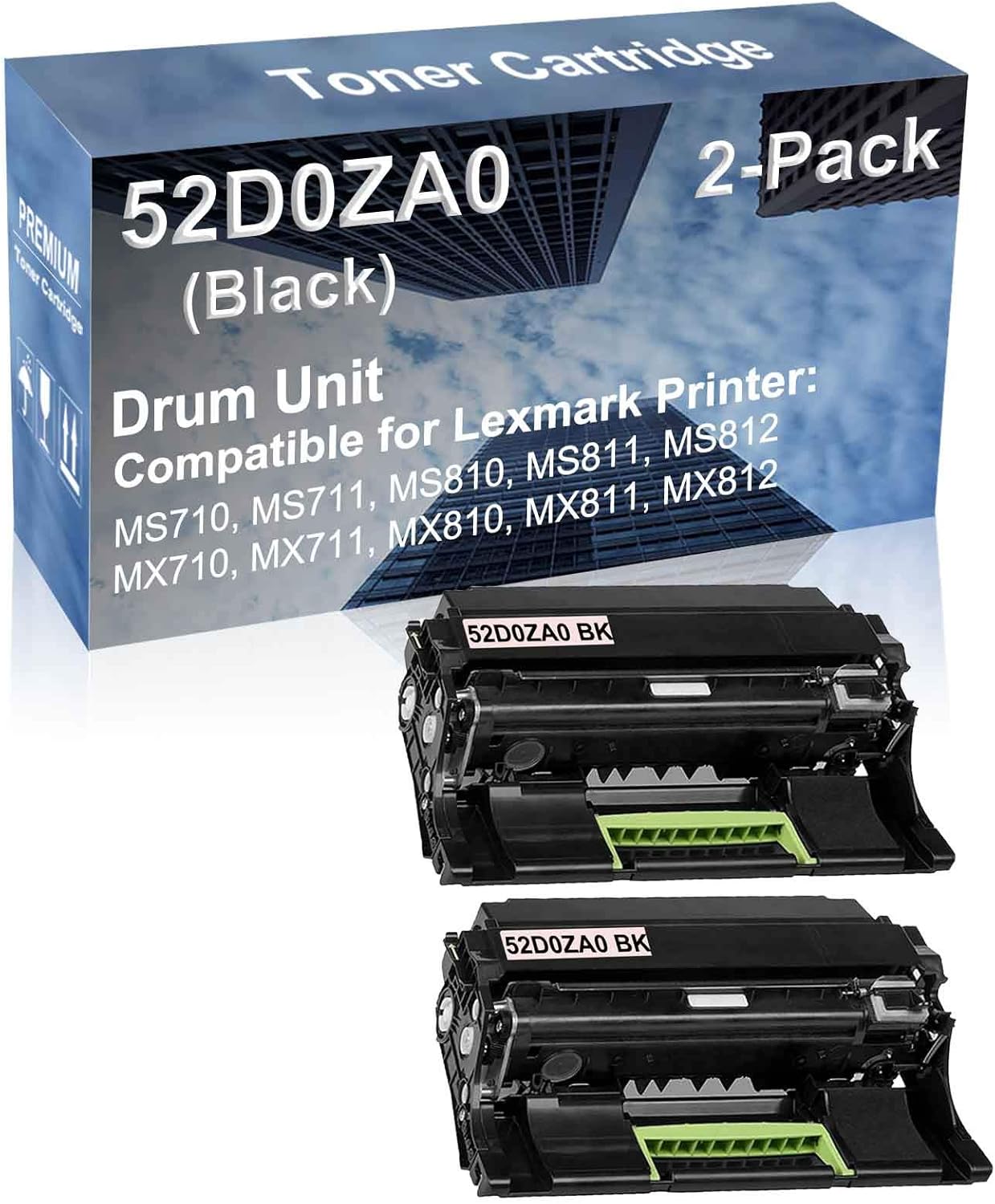 2-Pack (Black) Compatible MS812, MX710, MX711 Printer Drum Unit Replacement for Lexmark 52D0ZA0 Drum Kit