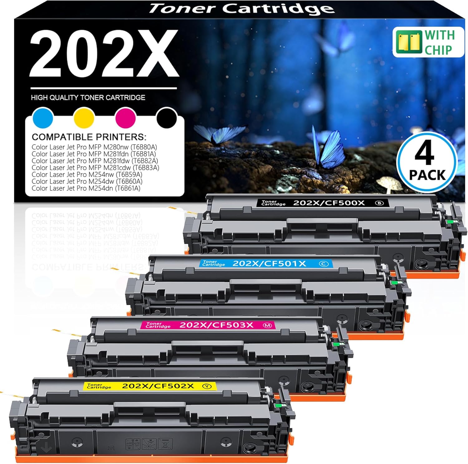 202X High-Yield Toner Cartridges (with Chip) Replacement for HP 202X 202A CF500X CF500A Color Pro MFP M281fdw M281cdw M254dw M281fdn 281fdw M254 M281 Printer | B/C/M/Y
