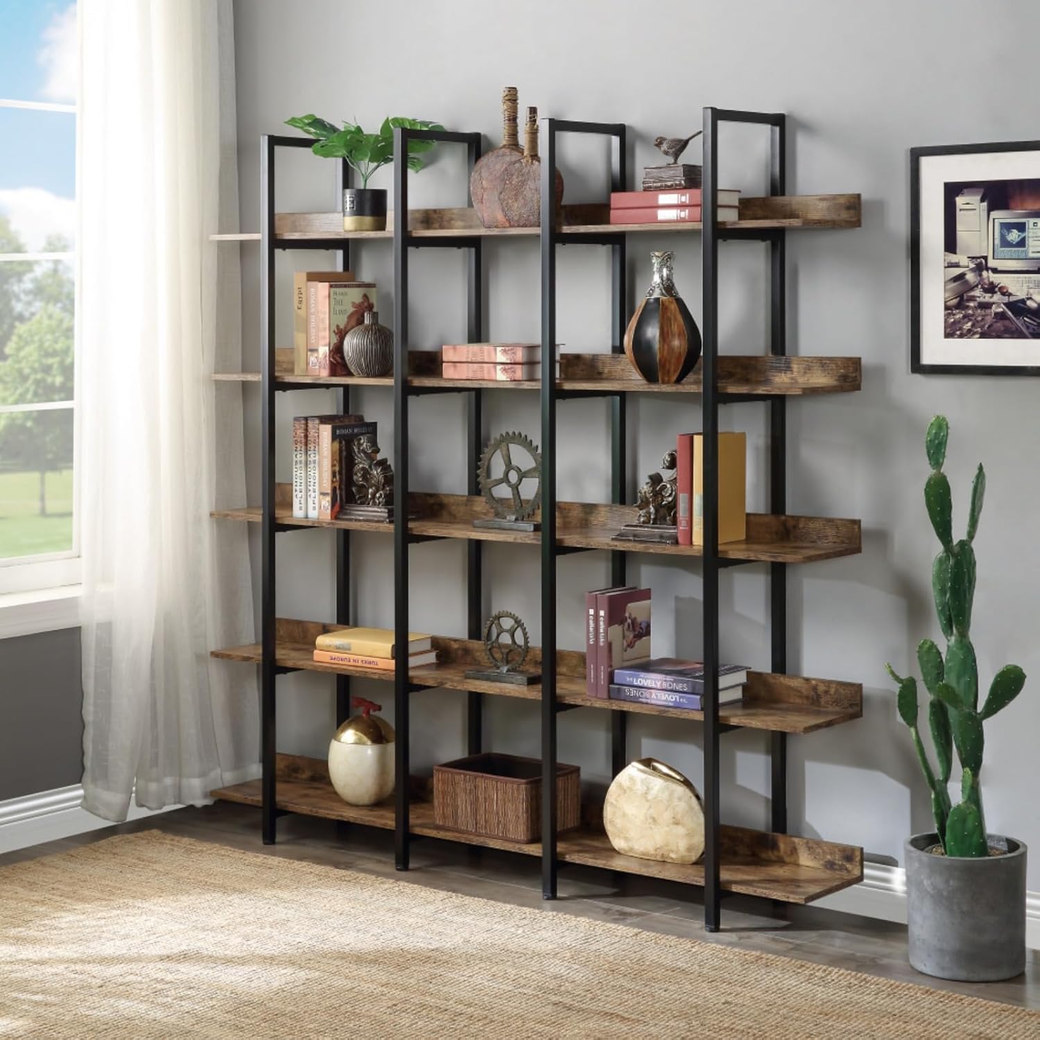 5 Tier Bookcase Home Office Open Bookshelf, Vintage Industrial Style Shelf with Metal Frame, MDF Board (Brown -1)