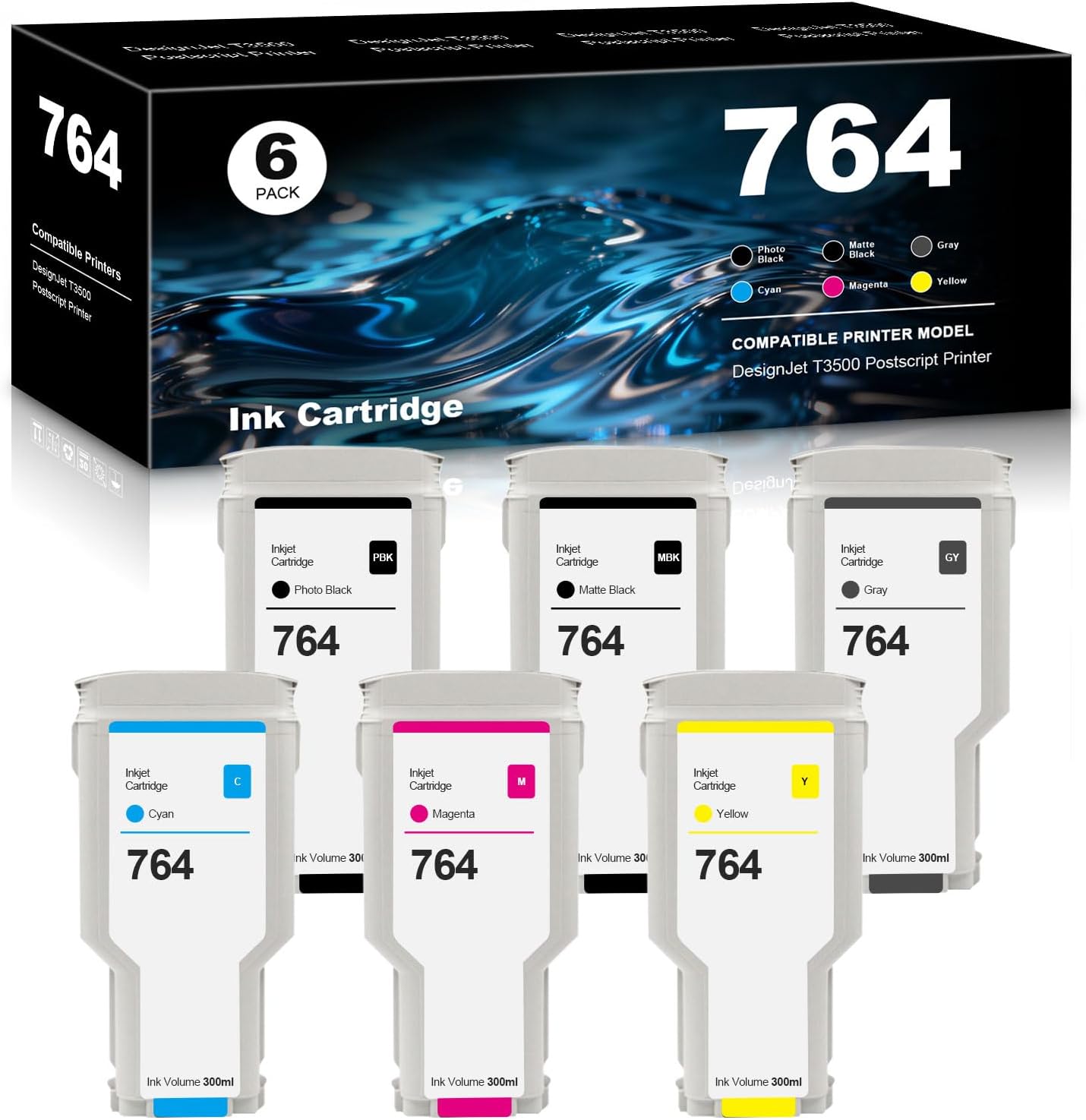 764 Ink Cartridges Compatible with HP 764 HP764 for C1Q16A C1Q17A C1Q18A C1Q13A C1Q14A C1Q15A for DesignJet T3500 Postscript Printer Photo Black Matte Black Gray Cyan Magenta Yellow 300-ML 6-Pack