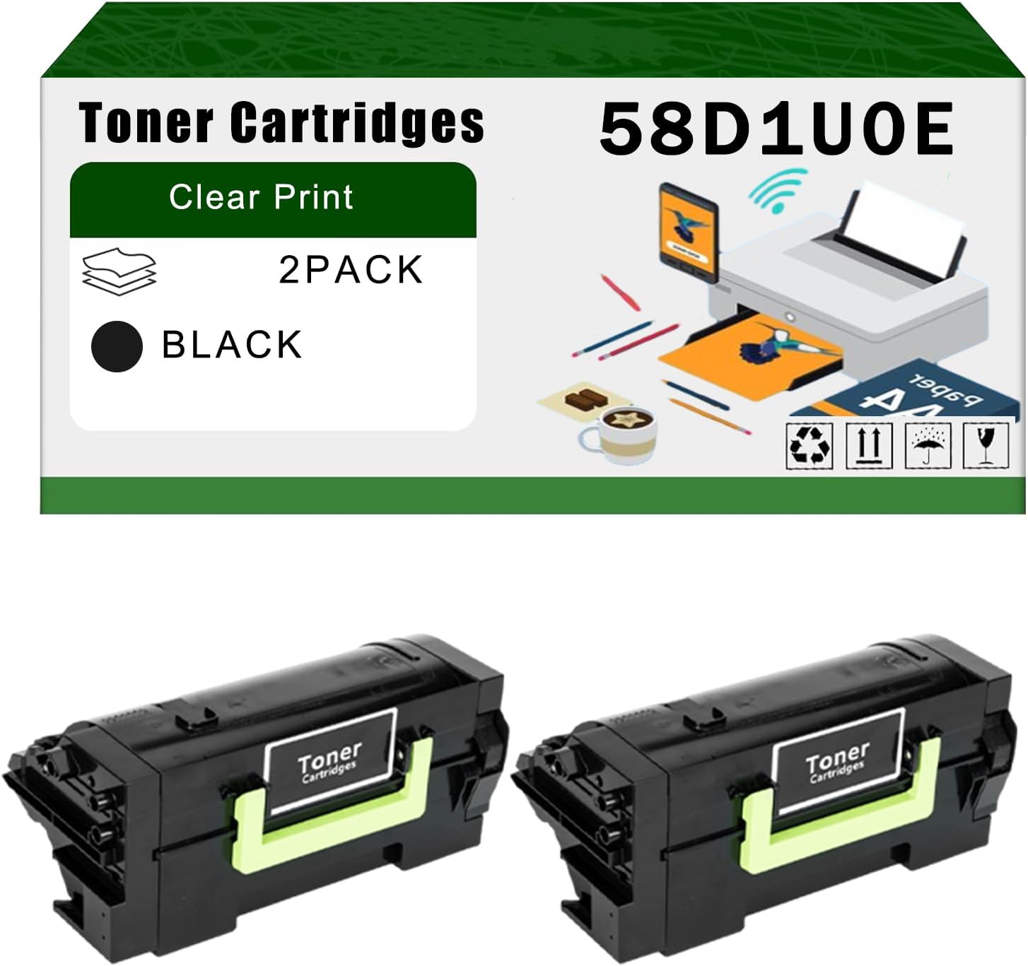 Compatible for Lexmark 58D1U0E Toner Cartridges MS725 MS821 MS822 MS823 MS825 MS826 MX722 MX822 MX826 Printers, High Yield 65000 Pages Bright Clear Colors (2-Pack Black)
