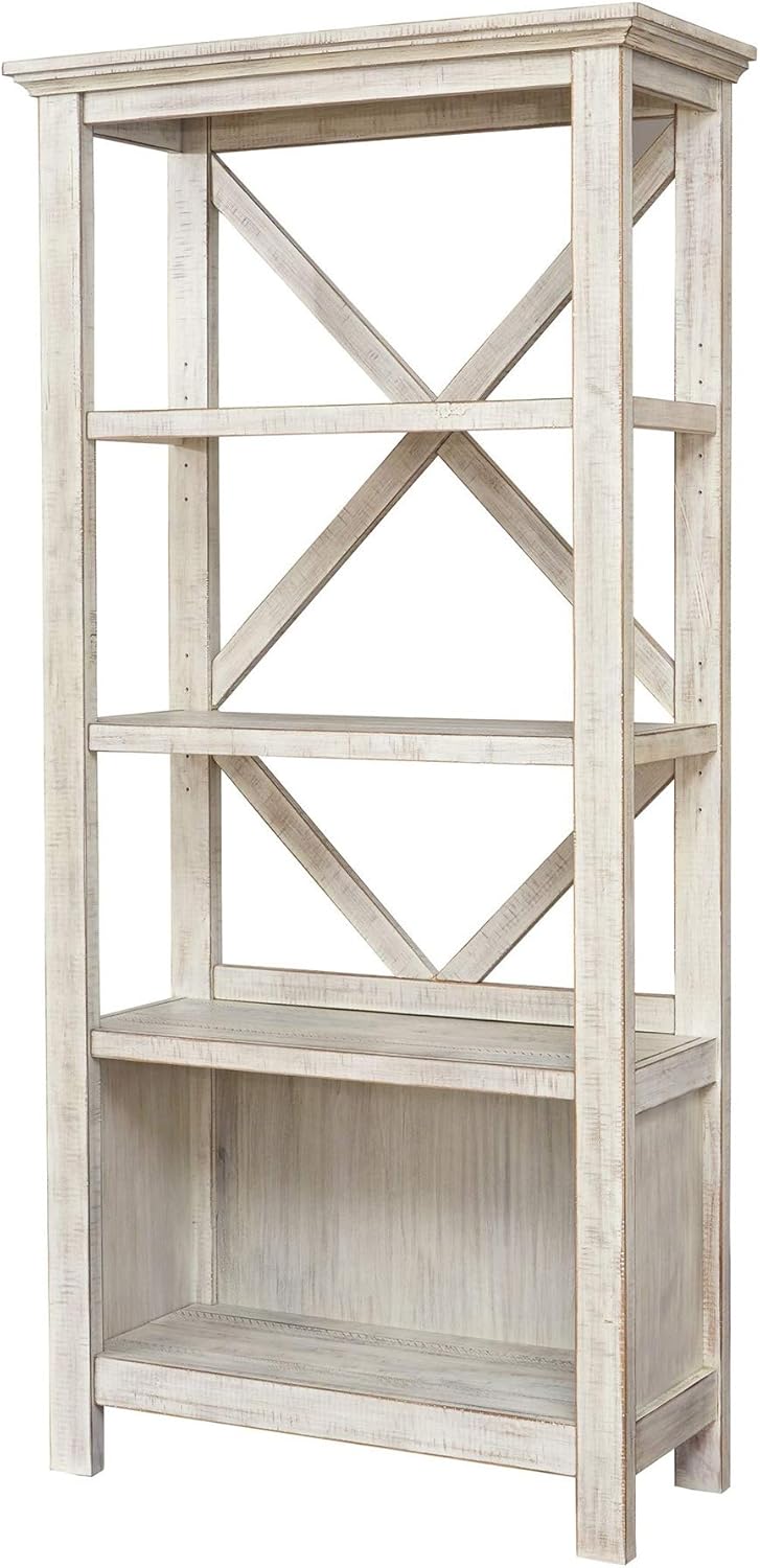 Benjara BM209264 75 x 34 x 12 in. X Shape Back Bookcase with 3 Open Shelves & 1 Open Compartment White