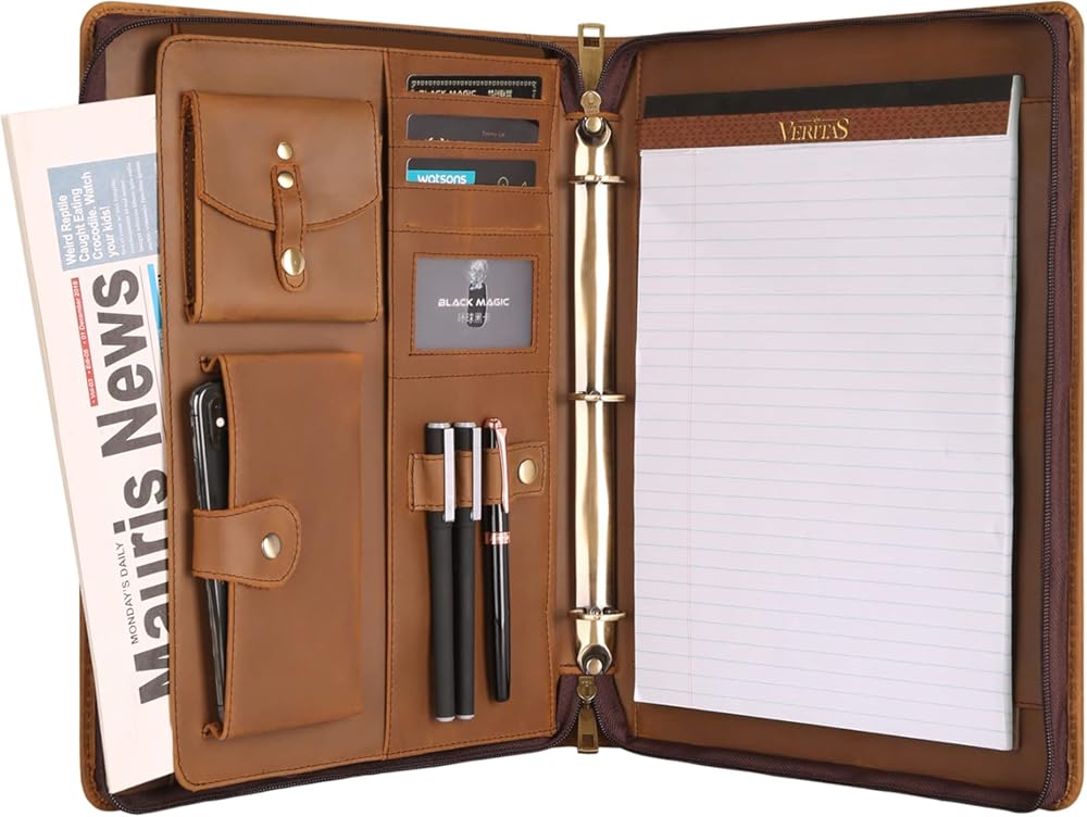 DUKE&COW Leather Portfolio with 3 Ring Binder, Personalized Binder Padfolio Executive Folio Zippered, Engraved Folder Organizer, Custom Gift for Men Women （Khaki, Custom）