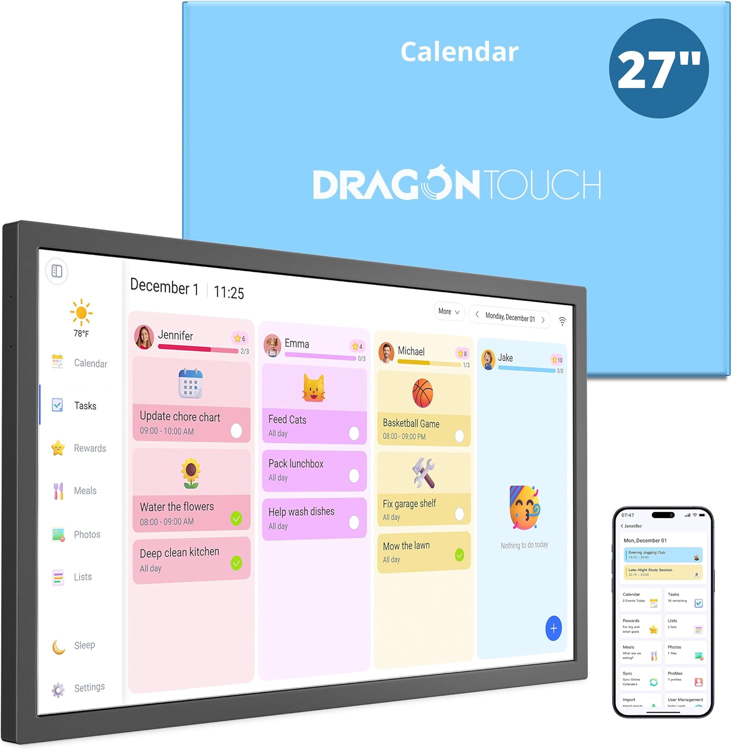 Digital Calendar 27 Inch Touch Screen, Electronic Wall Calendar Chore Chart for Family Monthly/Weekly Planner Rewards Organization, Interactive Large Display Smart Calendar, Desk Mount Included