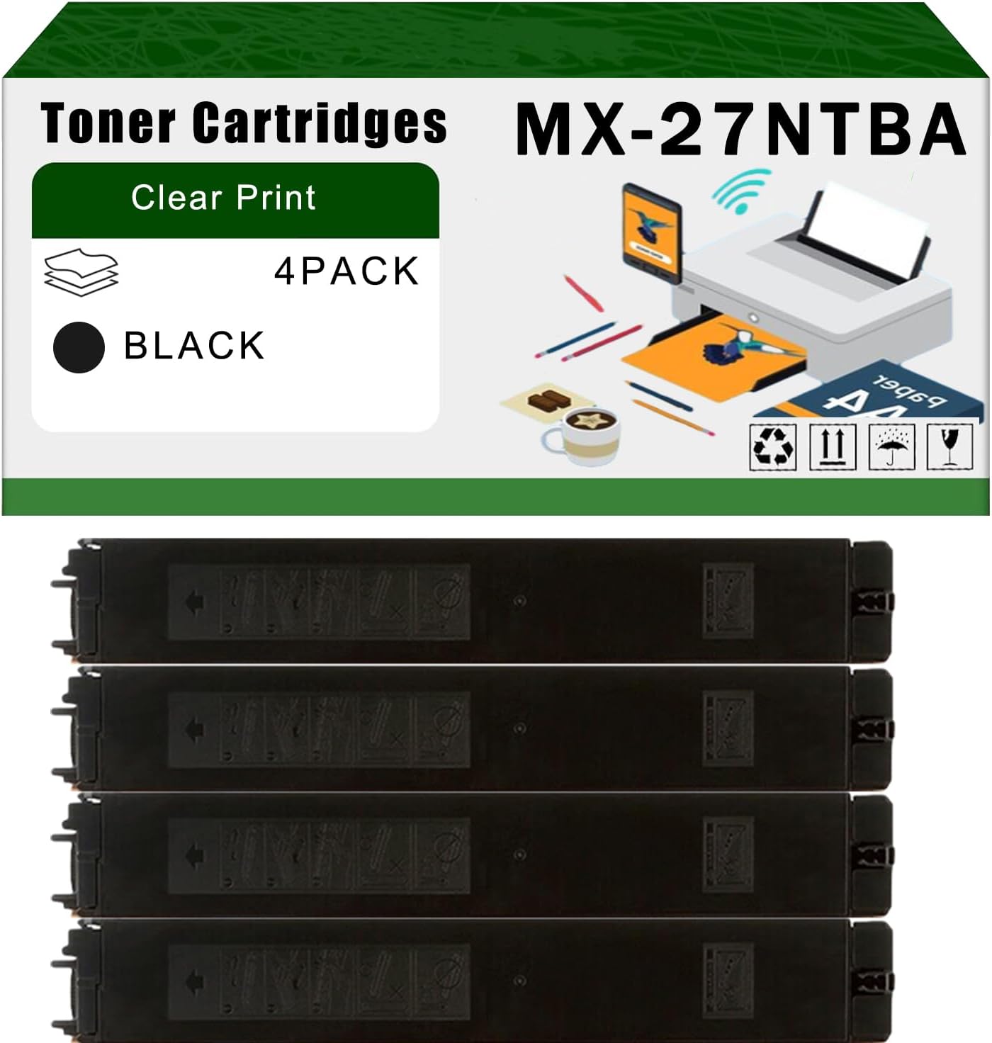 AGNNQ Compatible for Sharp MX-27NTBA MX-27NTCA MX-27NTMA MX-27NTYA Toner Cartridges MX-2300N MX-2700N MX-2700NJ Printers, High Yield 28000 Pages Bright Clear Colors (4 Pack Black)