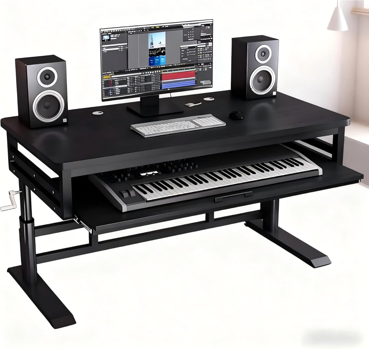 HEXIMANX Studio Desk with Keyboard Tray | Hand-Crank Adjustable Standing Desk Workstation for Music Production, Cable Management, MIDI Keyboard Shelf (Black, 47in)