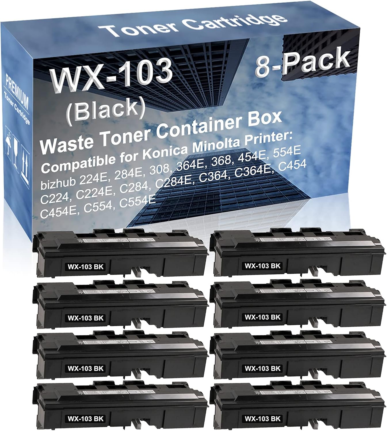8-Pack Compatible High Capacity C364, C364E, C454, C454E, C554, C554E Printer Waste Toner Container Box Replacement for Konica Minolta WX103 WX-103 Printer Cartridge (Black)