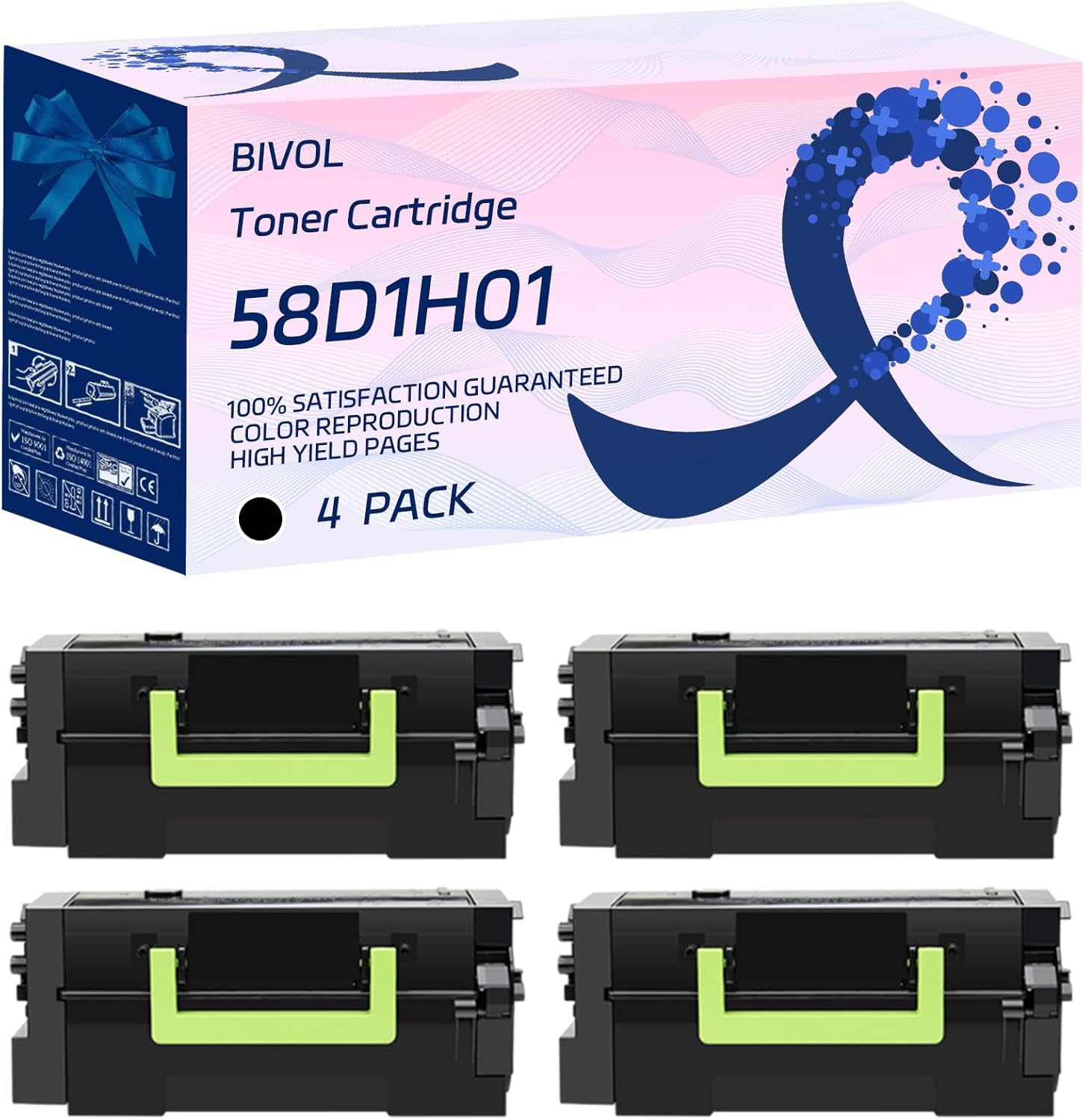 BIVOL 58D1H01 Toner Cartridge Compatible for Lexmark MS823dn MS823n MS825dn MS826de Printers, with Chip, High Yield 25000 Pages, Vivid Colors (4 Pack Black)