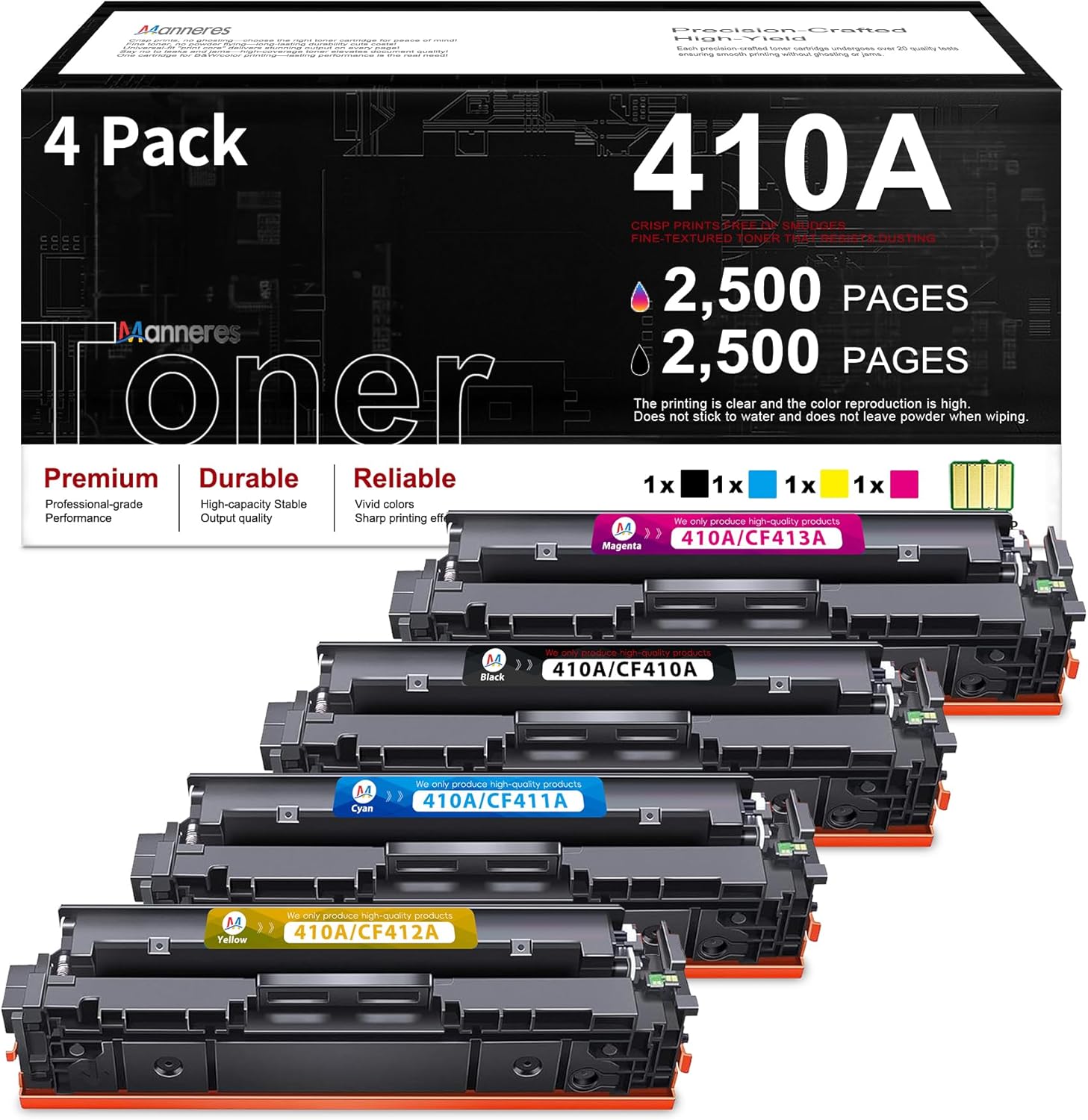 MANNERES 410A Toner Cartridges with Chip Replacement for HP 410A 410X 410 CF410A CF411A CF412A CF413A Pro MFP M477fnw M477fdw M477fdn M452dn M452nw M477 Printer 4-Pack-(Black Cyan Yellow Magenta)