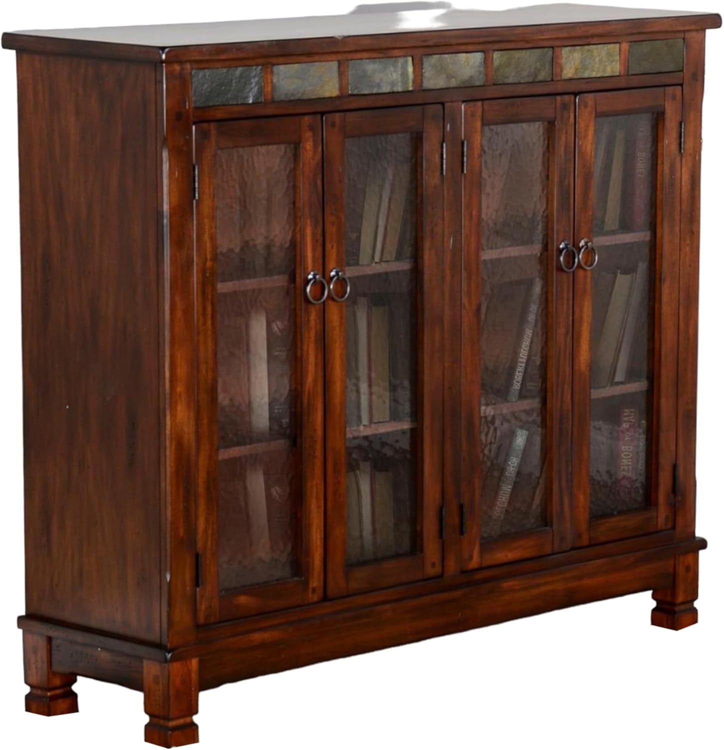 Benzara Odell Bookcase Cabinet- 4 Beehive Glass Doors- Slate Inlay Dark Brown
