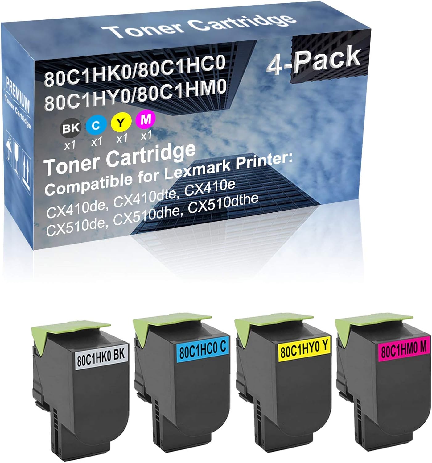 4-Pack (BK+C+Y+M) Compatible High Capacity 80C1HK0+ 80C1HC0+ 80C1HY0+ 80C1HM0 Toner Cartridge Used for CX410de, CX410dte Printer