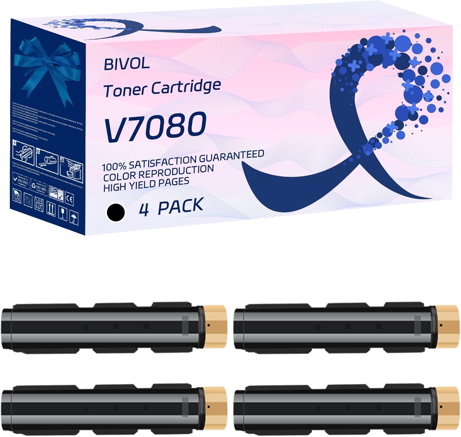 BIVOL V7080 Toner Cartridge Compatible for Xerox DocuCentre-IV5080 6080 ApeosPort-IV6080 Printers, with Chip, High Yield 76000 Pages, Vivid Colors (4 Pack Black)