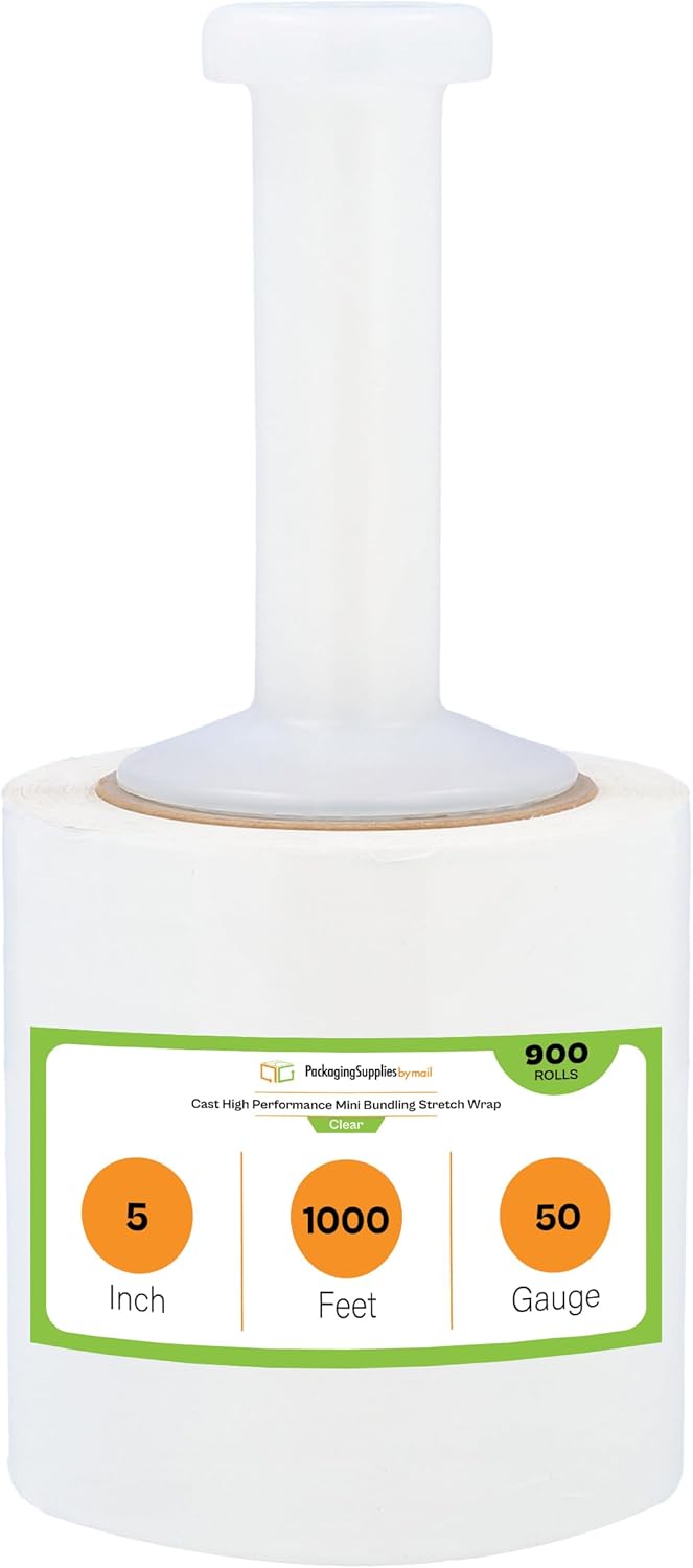 PSBM 900 Rolls 5 Inch x 1000 Feet Mini Stretch Film/Wrap with Plastic Handle, Industrial Strength Clear Shrink Plastic Wrap for Moving, Packing, Shipping, Bundling & Storage