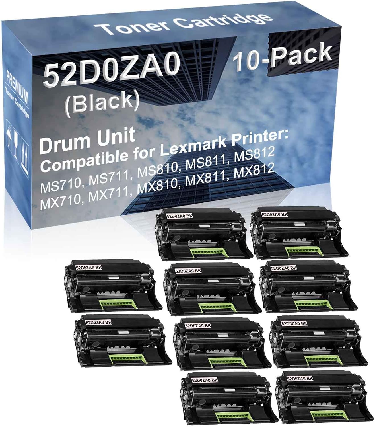 10-Pack (Black) Compatible MS812, MX710, MX711 Printer Drum Unit Replacement for Lexmark 52D0ZA0 Drum Kit