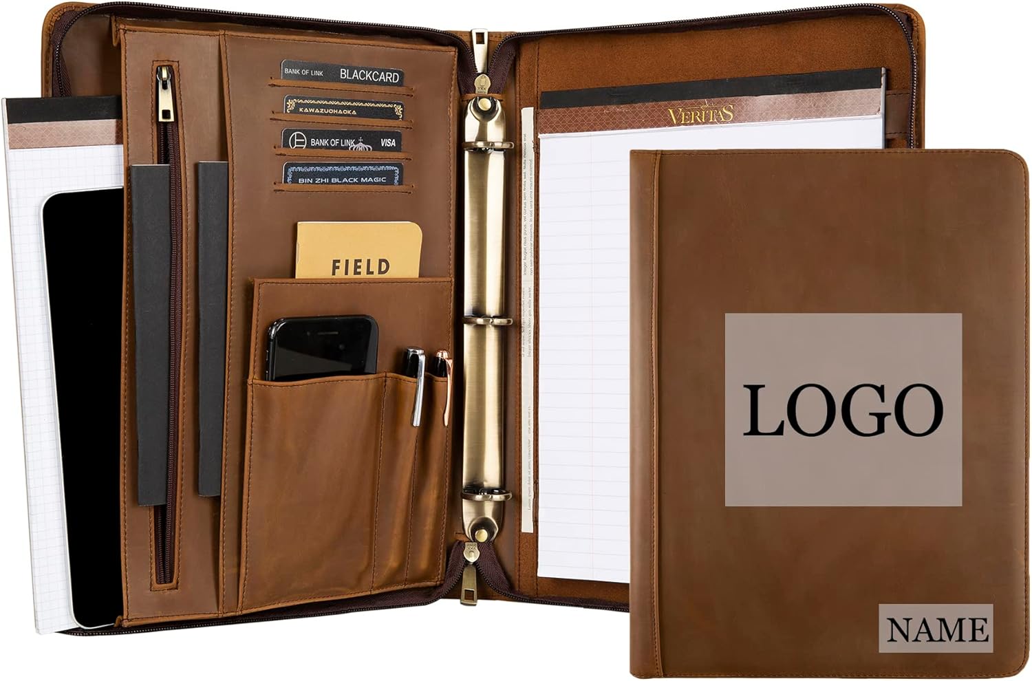 Custom Leather Portfolio, Vintage Binder Engraved, 3 Ring Padfolio Folder, Handmade Personalized for Women, iPad Laptop Portfolio for Men (Khaki, Custom)