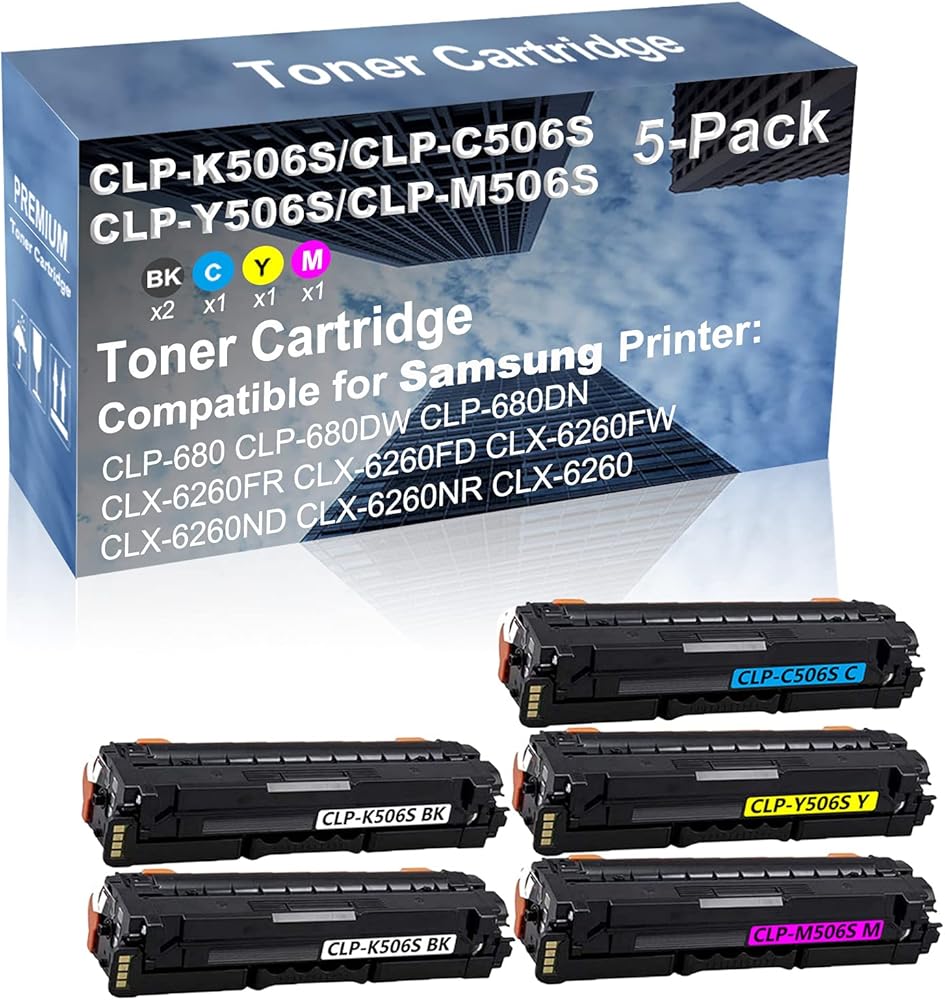 5-Pack (2BK+C+Y+M) Compatible CLX-6260FR CLX-6260FD CLX-6260FW Printer Toner Cartridge High Capacity Replacement for CLP-K506S+ CLP-C506S+ CLP-Y506S+ CLP-M506S Toner Cartridge