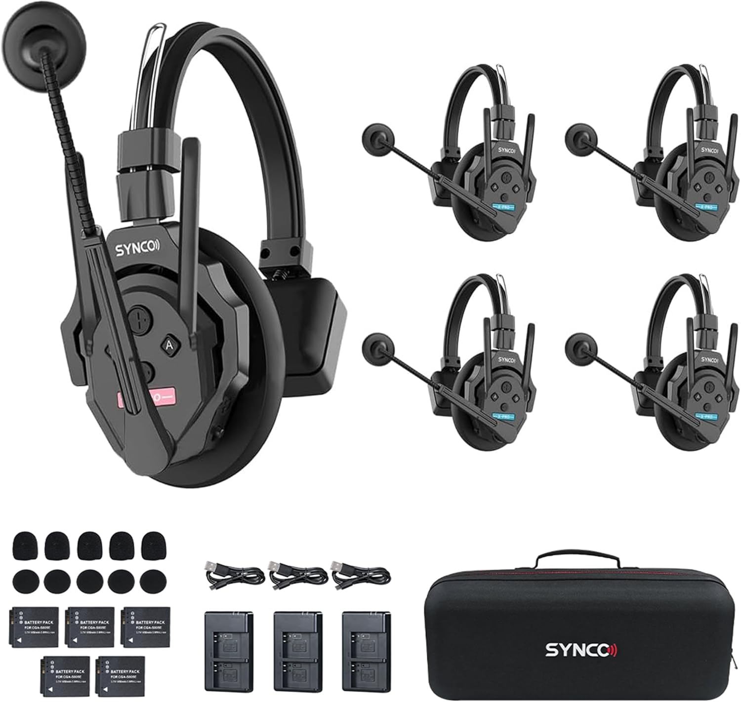 SYNCO XTalk XPro Wireless Intercom Headset with Antenna Enhanced Signal Reception 2.4GHz Full Duplex Random Master Device Design for Team Communication Headset (Xpro5 Five Users)