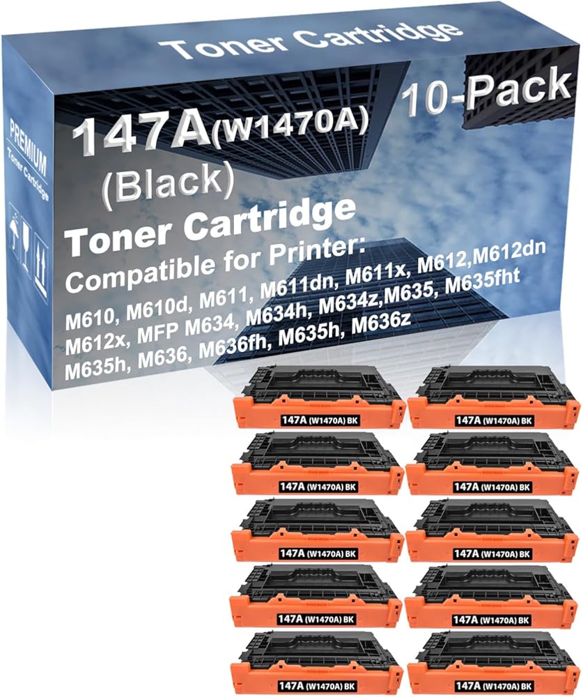 10-Pack Compatible High Capacity 147A (W1470A) Printer Cartridge use for MFP M634, M634h, M634z, M635, M635fht Printer with Chip (Black)