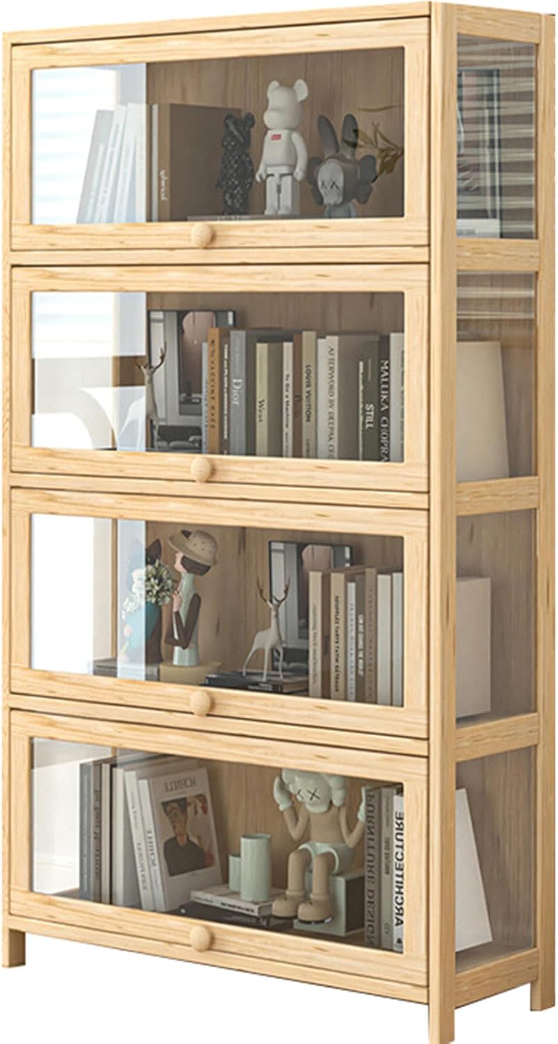 LOKORI Modern Solid Wood Bookcase,Acrylic Display Case Storage Cabinet with Flip-top Door, Wooden Bookshelf Storage Organizer for CD/Movie/Book,4Tier-80cm