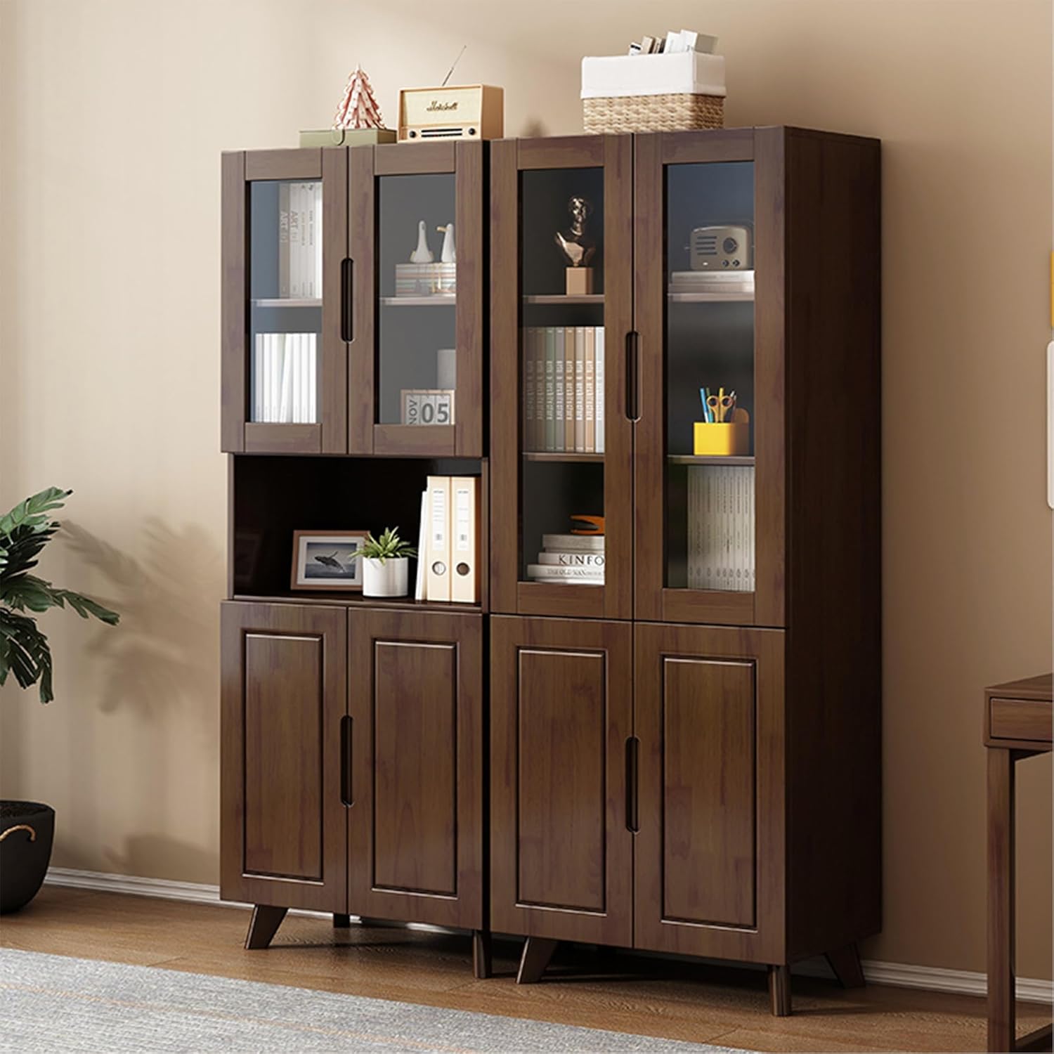 Fukory Solid Wood Bookcase with Fluted Glass Doors, 73