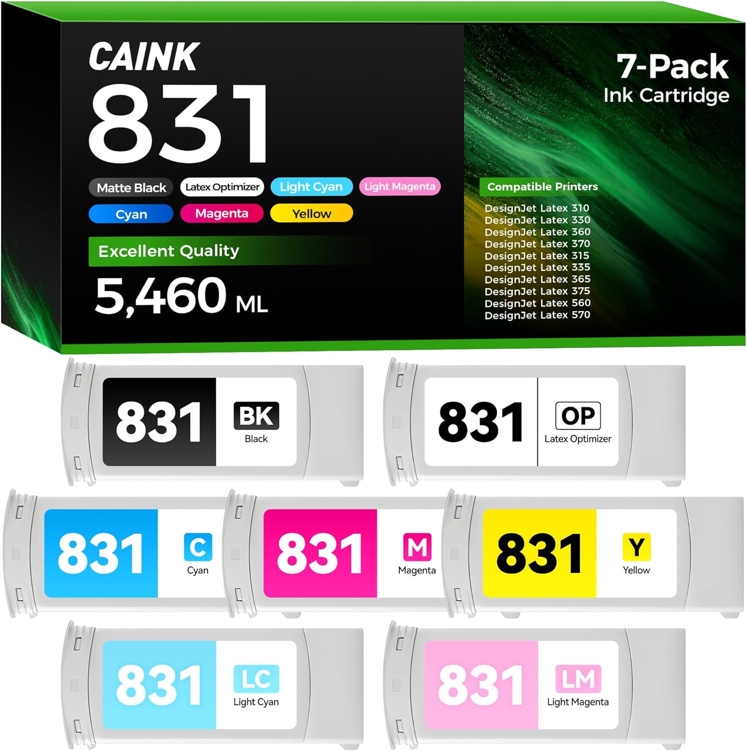 831 831A Ink Cartridge 780ml Set 7-Pack Replacement for HP 831 831A Ink CZ682A CZ683A CZ684A CZ685A CZ686A CZ687A CZ706A Compatible with DesignJet Latex 310 315 330 335 360 365 370 570 375 560 Printer