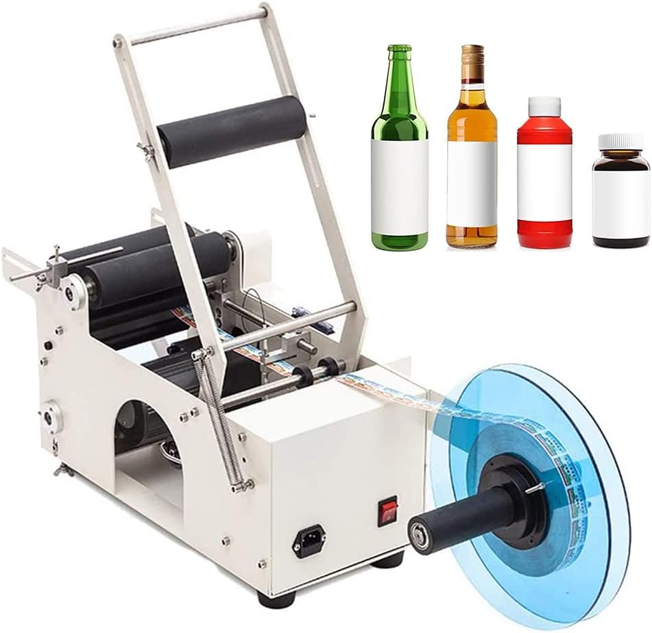 HDSKCDZSW Semi-Automatic Round Bottle Labeling Machine, Labeling Speed 20-40 Labels/Minute, Suitable for Bottles with Diameter 15-120 Mm, Equipped with Self-Adhesive Label Printer.